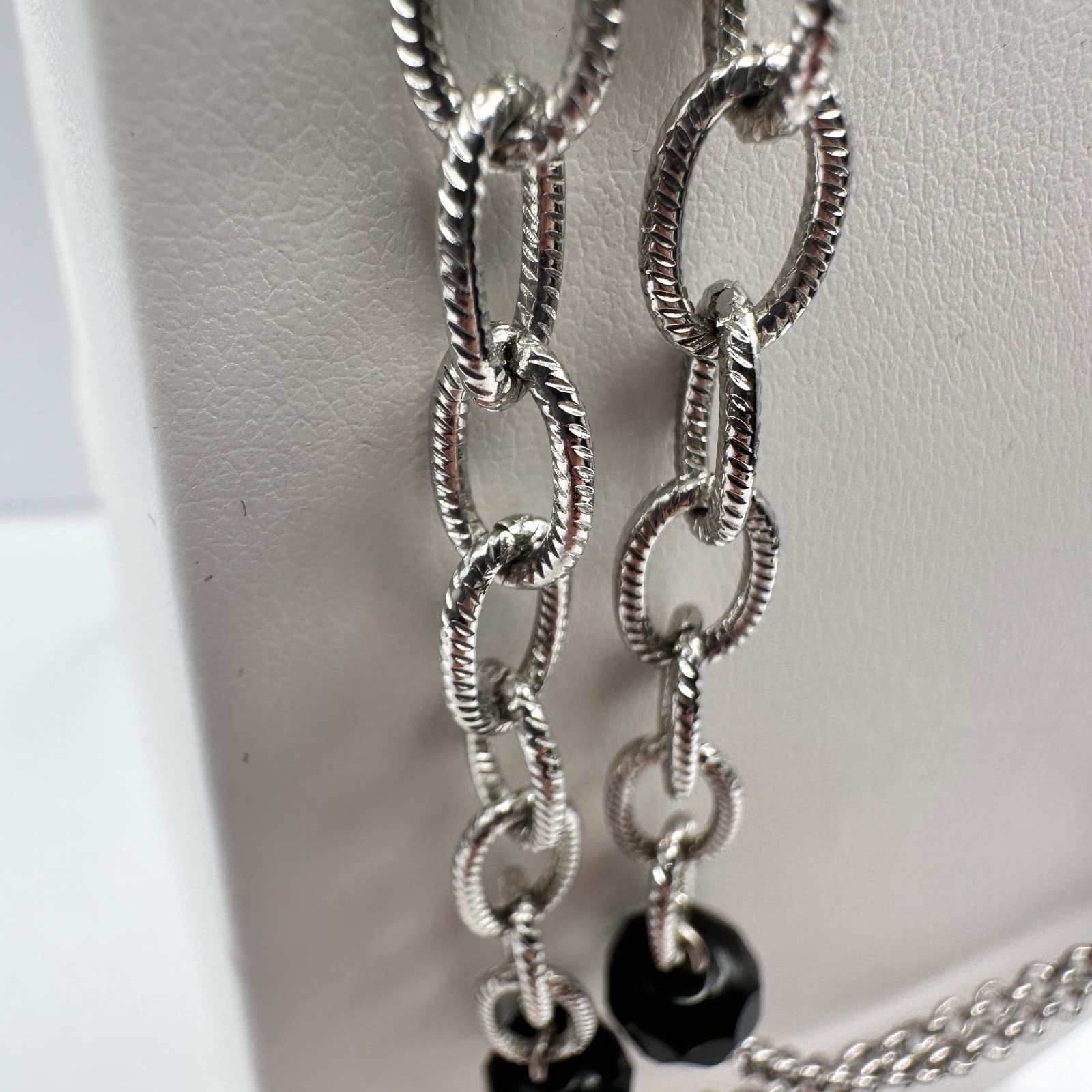 Vintage 90s Silver Tone Multi Strand Black Beaded Necklace Women's Jewelry - Thumbnail 8