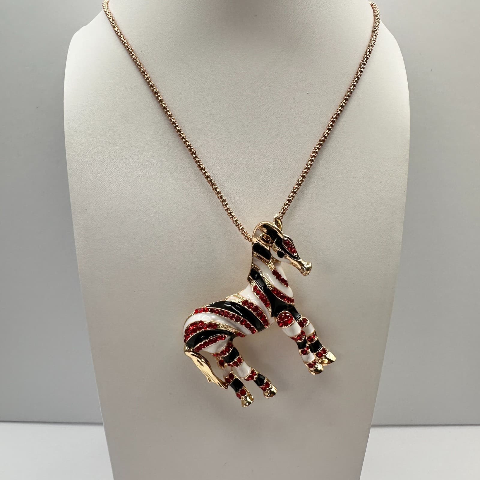 Vintage 90s Betsey Johnson Zebra Pendant Necklace Red Rhinestone Fashion Jewelry - Thumbnail 3