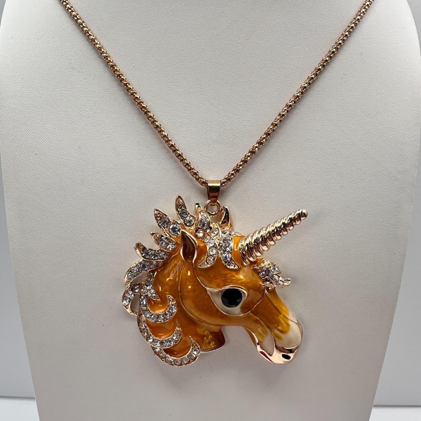 Vintage 90s Betsey Johnson Unicorn Pendant Necklace Gold Tone Rhinestone Jewelry - Thumbnail 2