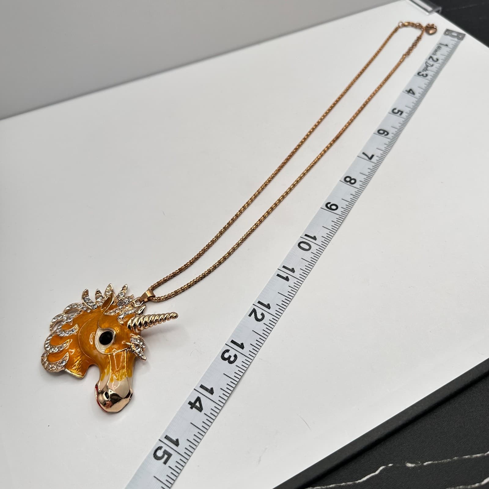 Vintage 90s Betsey Johnson Unicorn Pendant Necklace Gold Tone Rhinestone Jewelry - Thumbnail 10