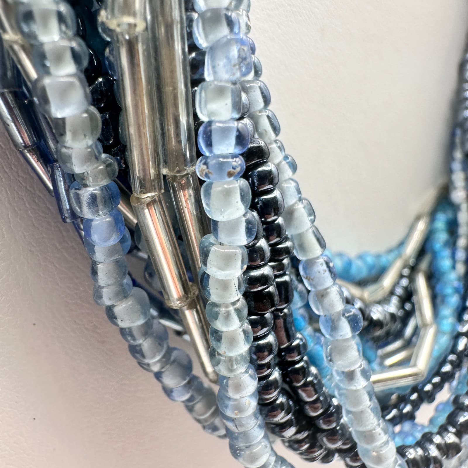 Vintage 90s Multi-Strand Seed Beaded Necklace Silver Tone Boho Women's Jewelry - Thumbnail 5