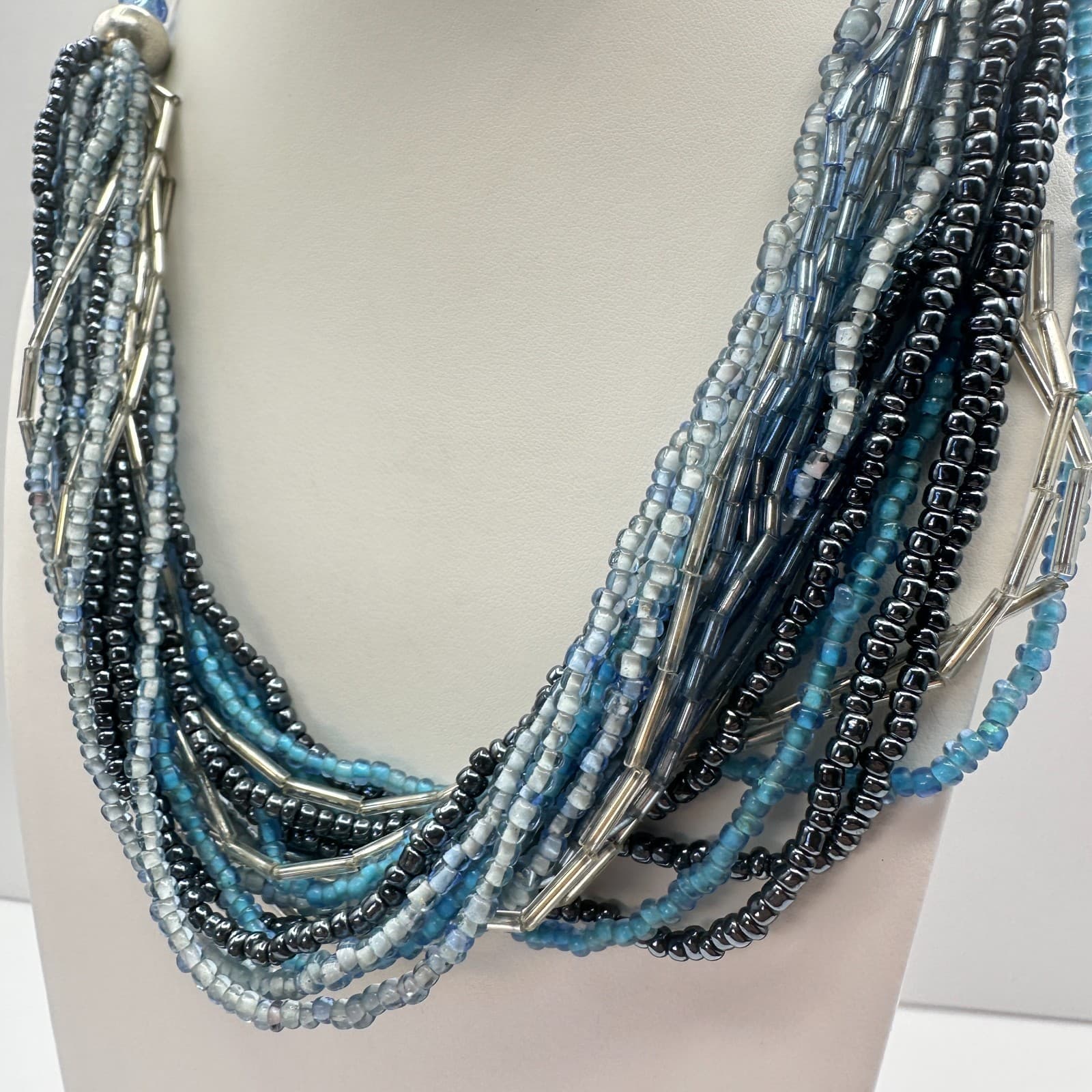 Vintage 90s Multi-Strand Seed Beaded Necklace Silver Tone Boho Women's Jewelry - Thumbnail 7