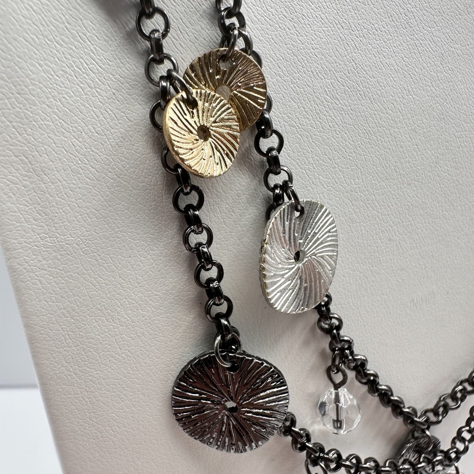 Vintage 90s Multi Strand Clear Beaded Glass Disc Necklace Boho Women's Jewelry - Thumbnail 4