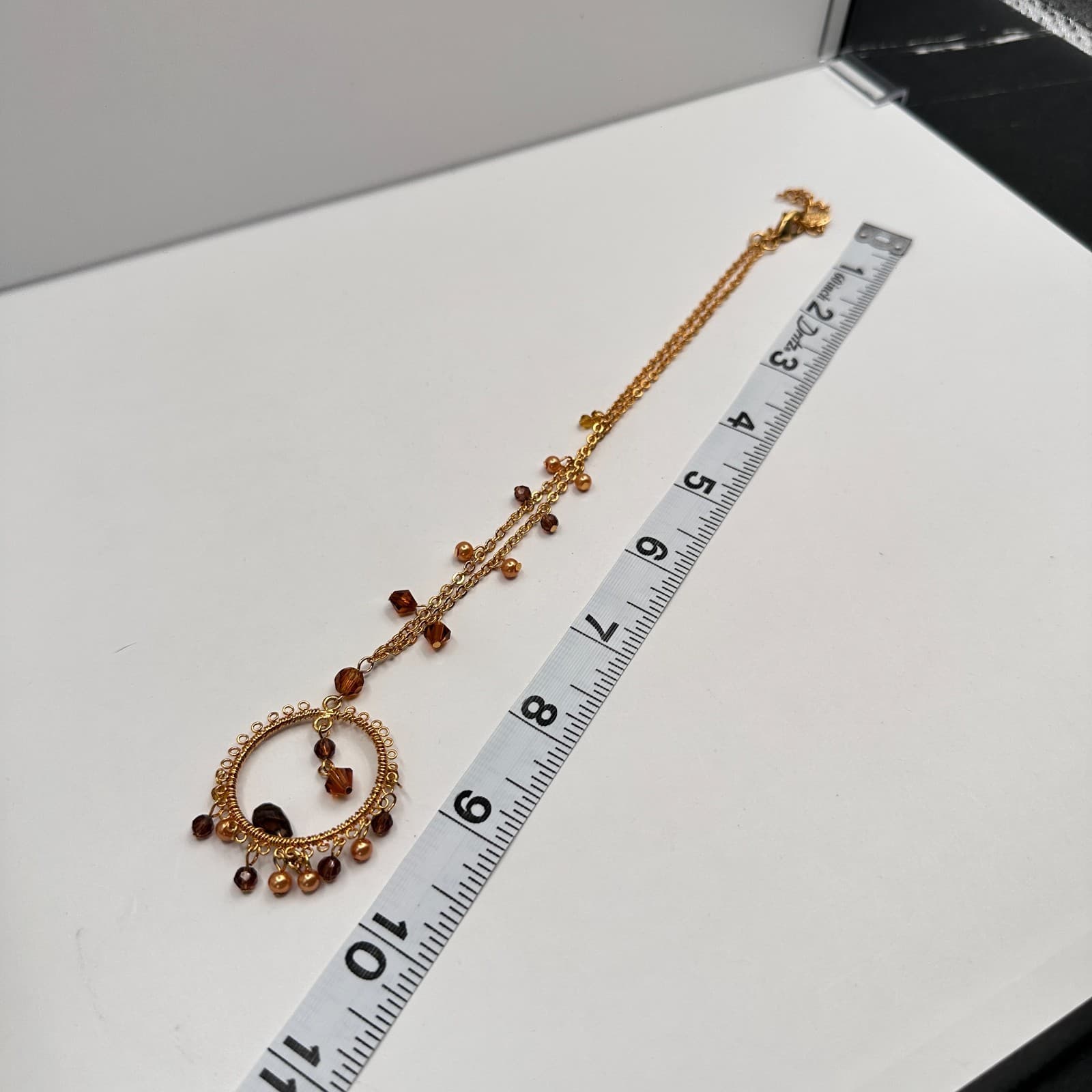 Vintage 90s Amber Glass Gold Tone Round Pendant Necklace Boho Women's Jewelry - Thumbnail 8