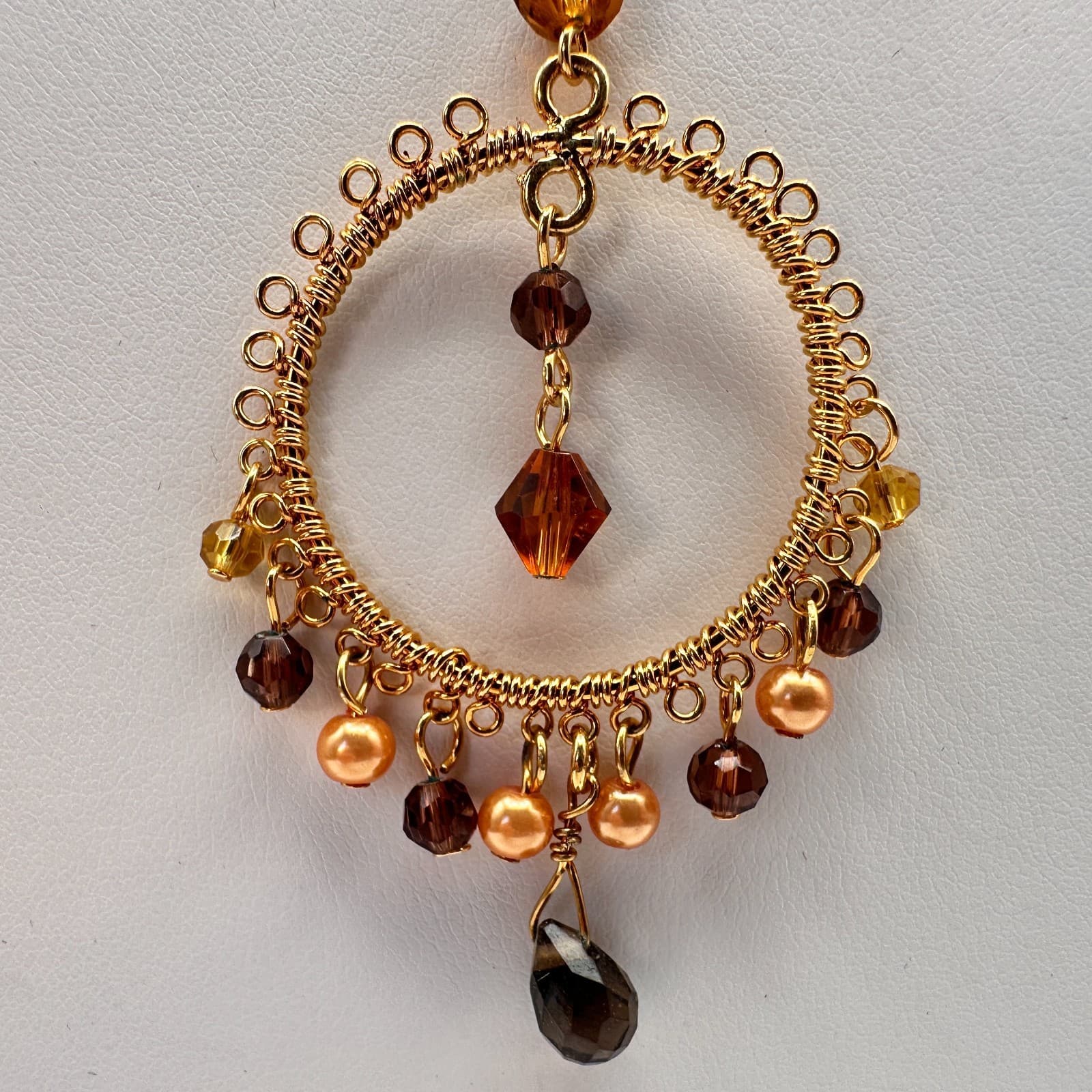 Vintage 90s Amber Glass Gold Tone Round Pendant Necklace Boho Women's Jewelry - Thumbnail 3