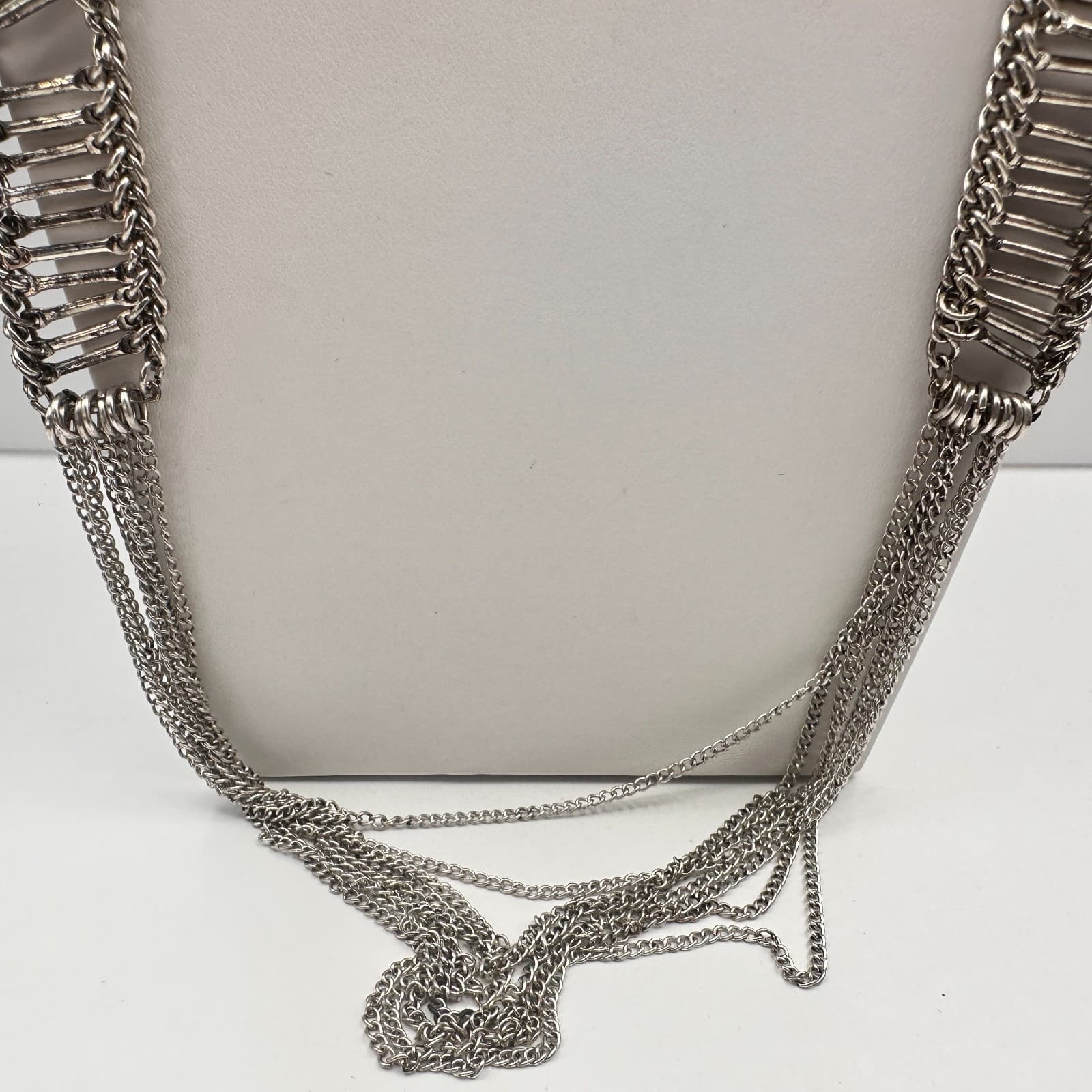 Vintage 90s Multi Strand Chain Silver Tone Necklace Statement Women's Jewelry - Thumbnail 4