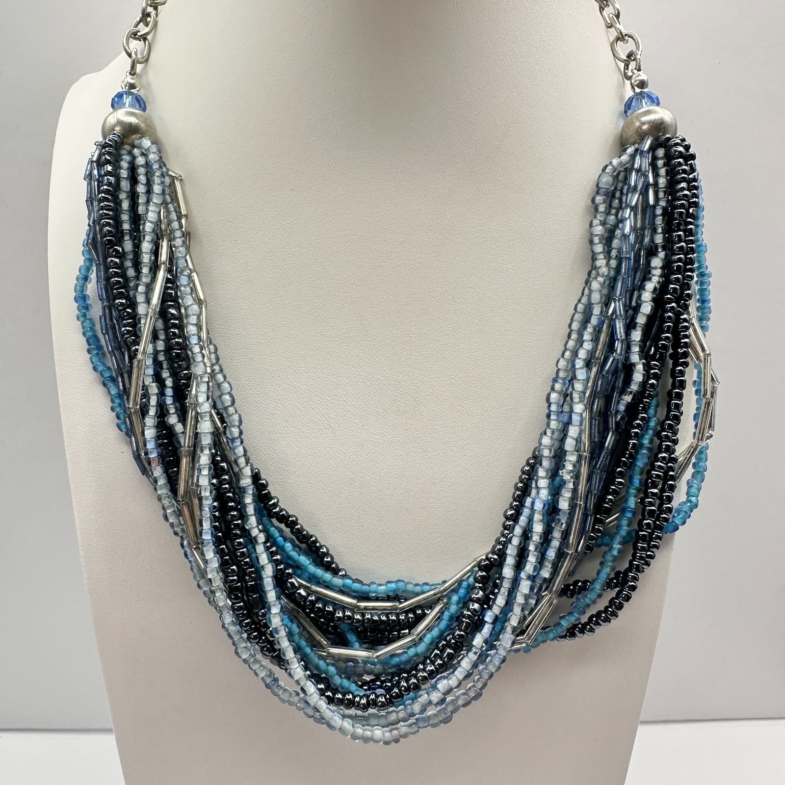 Vintage 90s Multi-Strand Seed Beaded Necklace Silver Tone Boho Women's Jewelry - Image 1