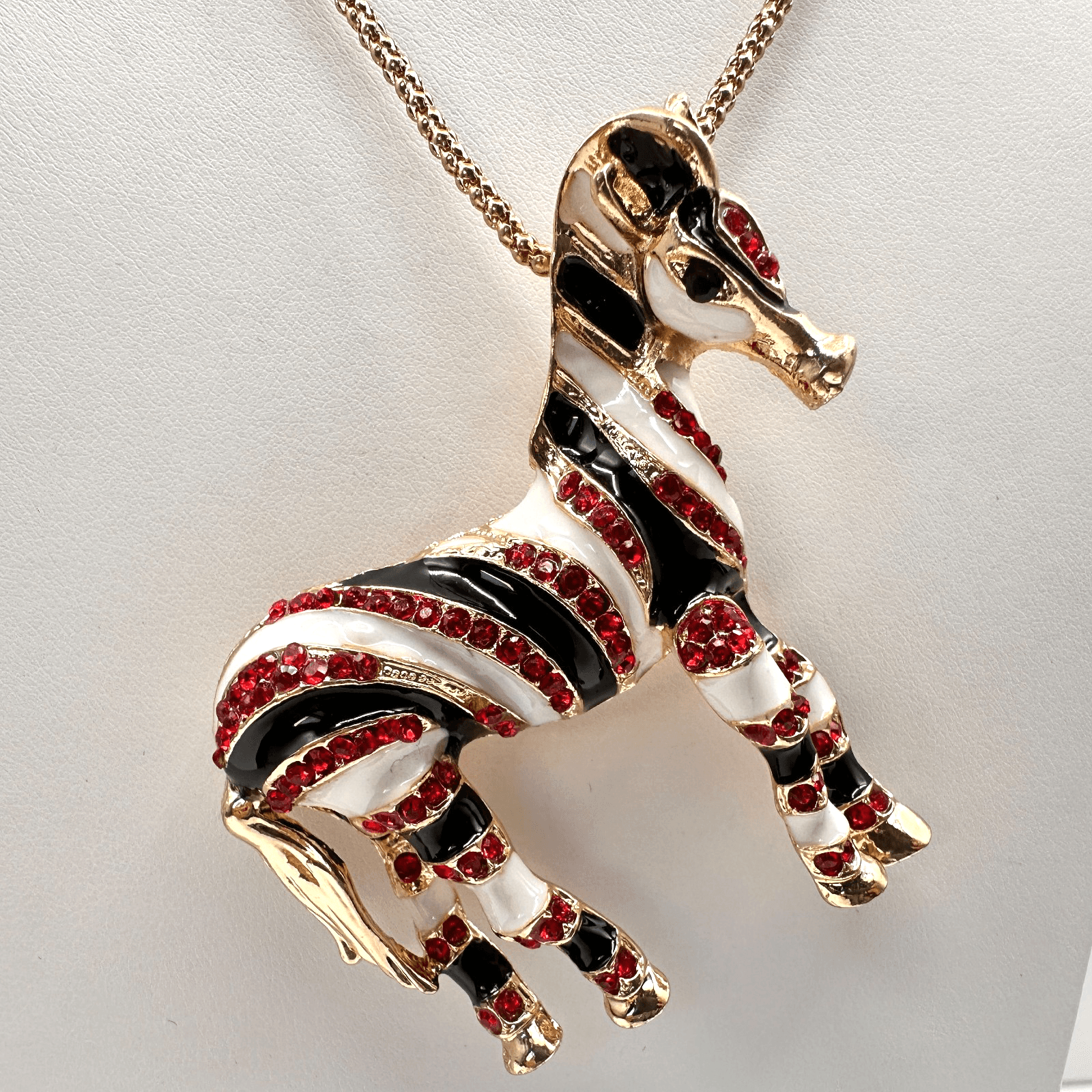 Vintage 90s Betsey Johnson Zebra Pendant Necklace Red Rhinestone Fashion Jewelry - Image 1