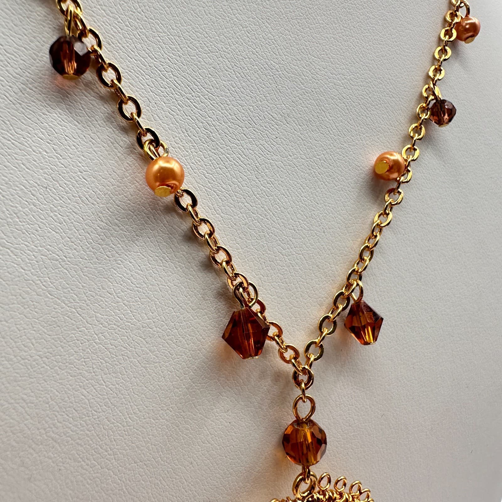 Vintage 90s Amber Glass Gold Tone Round Pendant Necklace Boho Women's Jewelry - Thumbnail 6