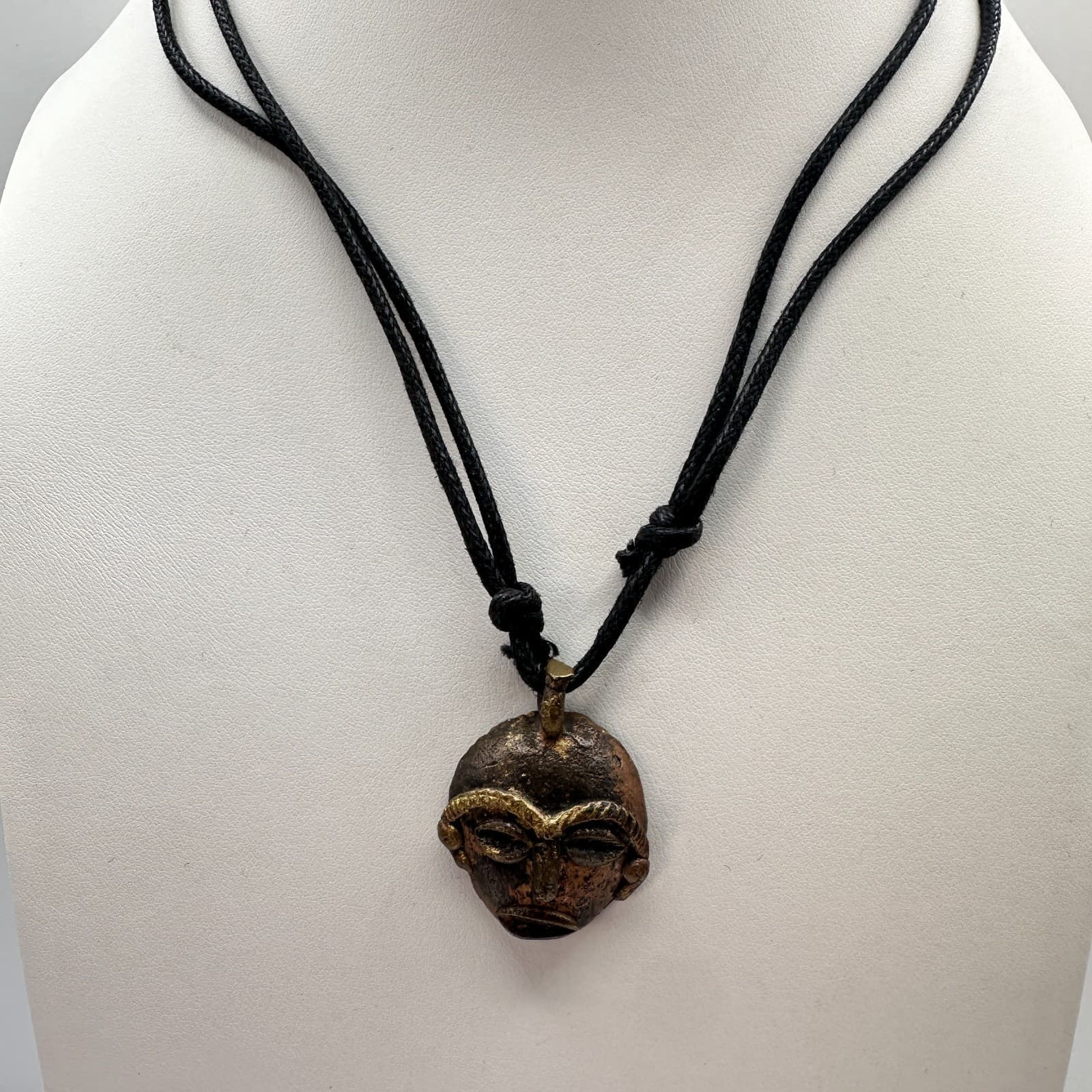 Vintage 90s Bronze Tone Tribal Mask Pendant Necklace Women's Classic Jewelry - Image 1