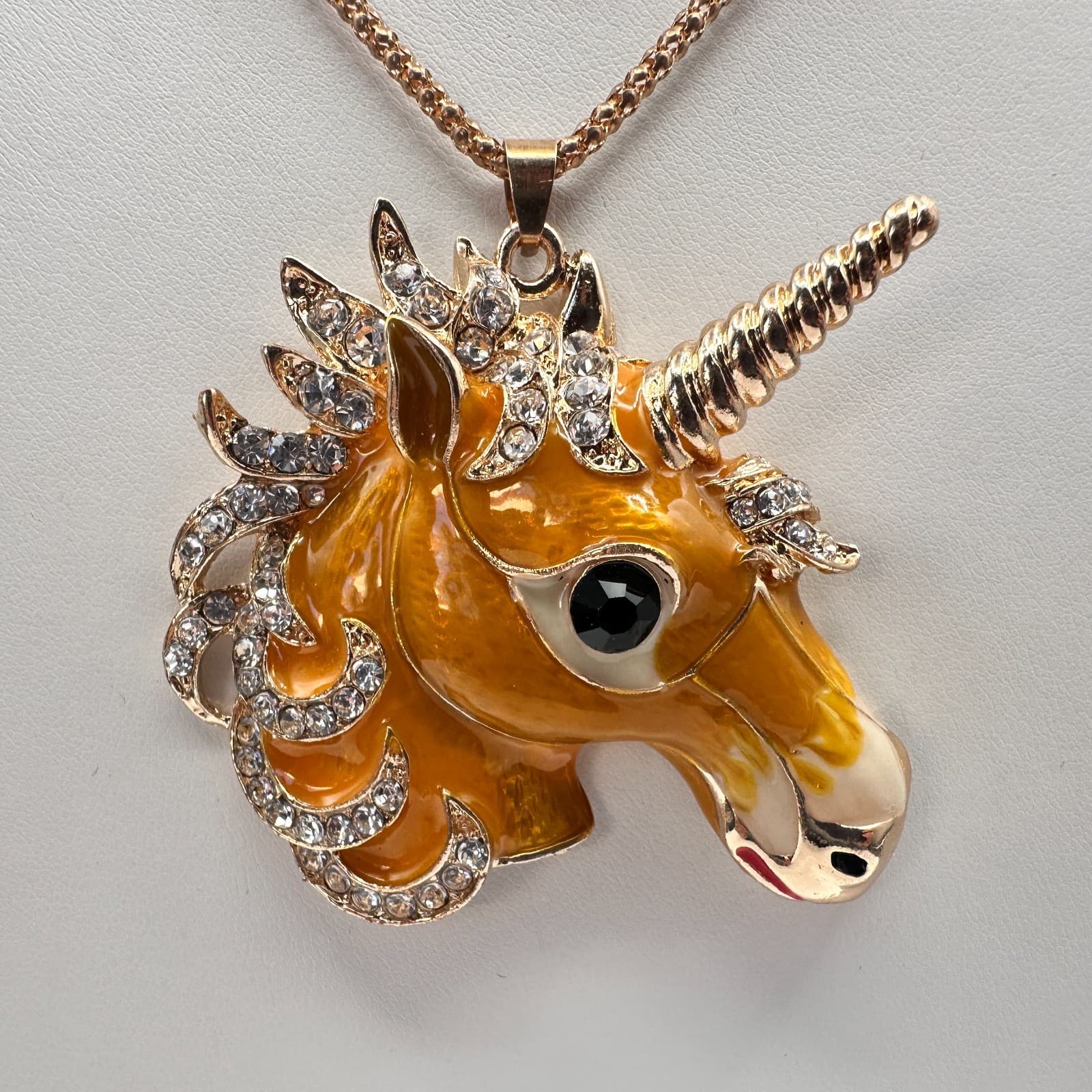 Vintage 90s Betsey Johnson Unicorn Pendant Necklace Gold Tone Rhinestone Jewelry - Thumbnail 4