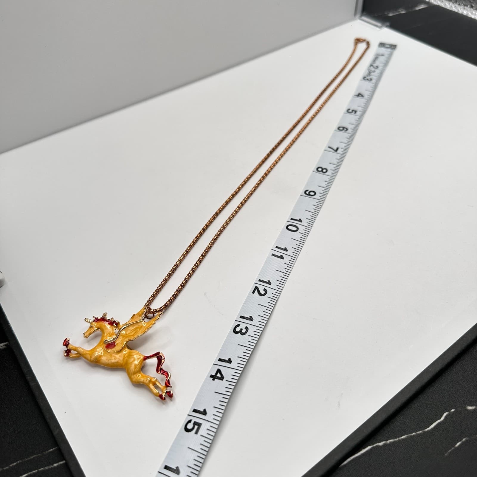 Vintage 80s Unicorn Pegasus Brooch-Pendant Necklace Yellow Red Enamel Jewelry - Thumbnail 10