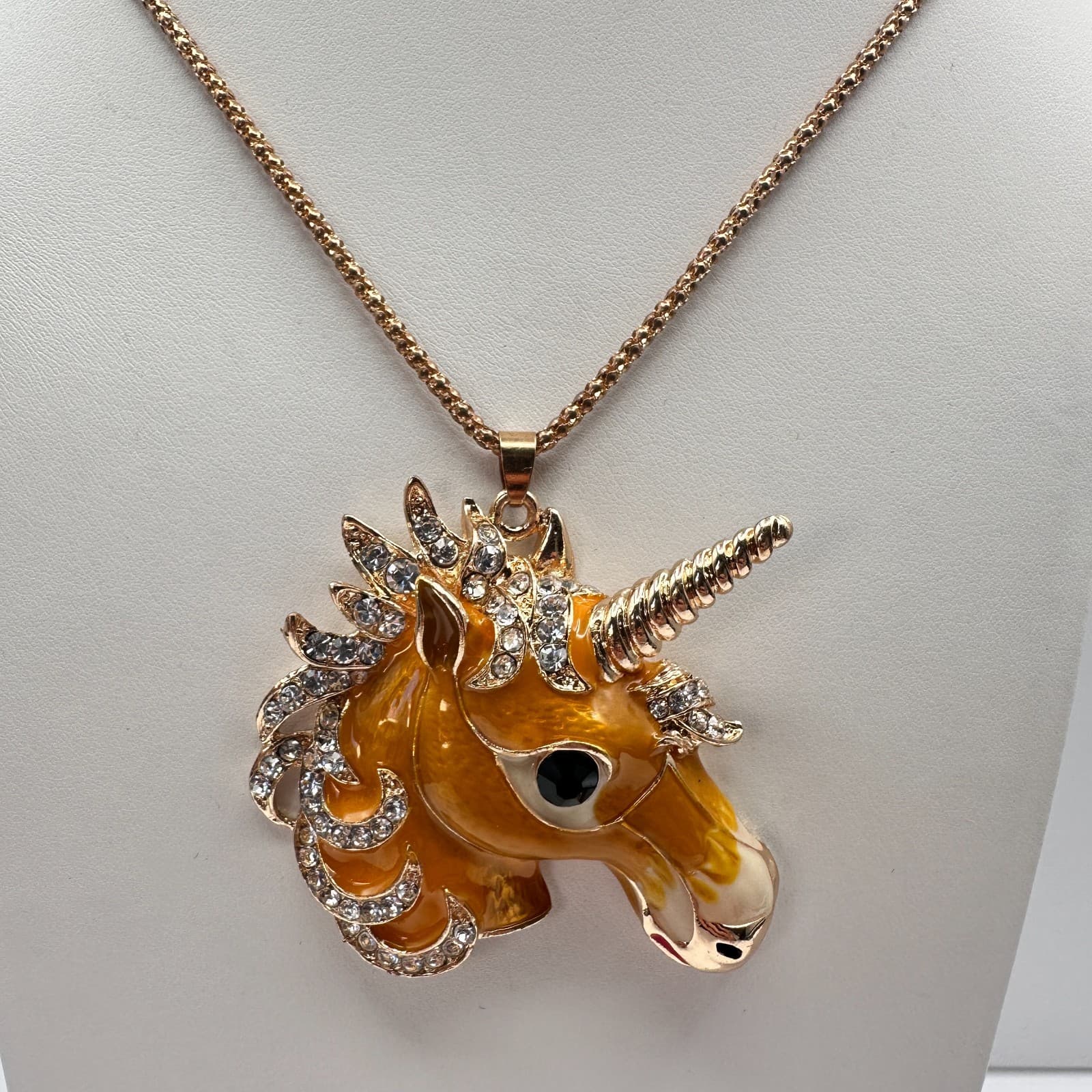 Vintage 90s Betsey Johnson Unicorn Pendant Necklace Gold Tone Rhinestone Jewelry - Thumbnail 8