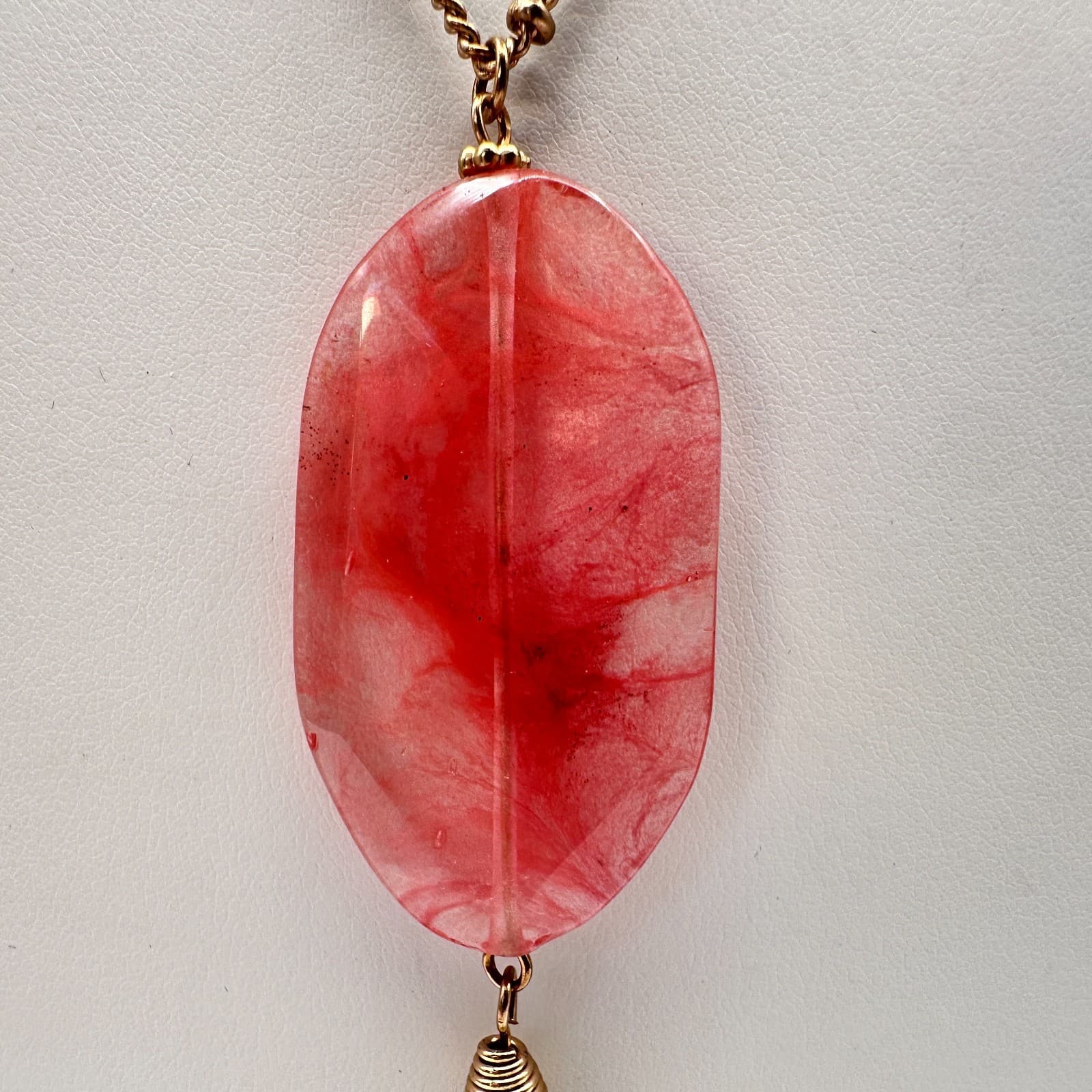 Vintage 90s Pink Stone Gold Tone Tassel Feather Necklace Women's Fashion Jewelry - Thumbnail 7