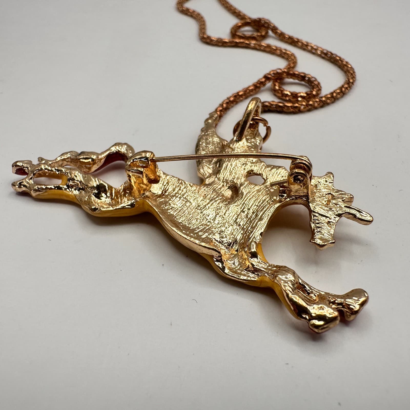 Vintage 80s Unicorn Pegasus Brooch-Pendant Necklace Yellow Red Enamel Jewelry - Thumbnail 9
