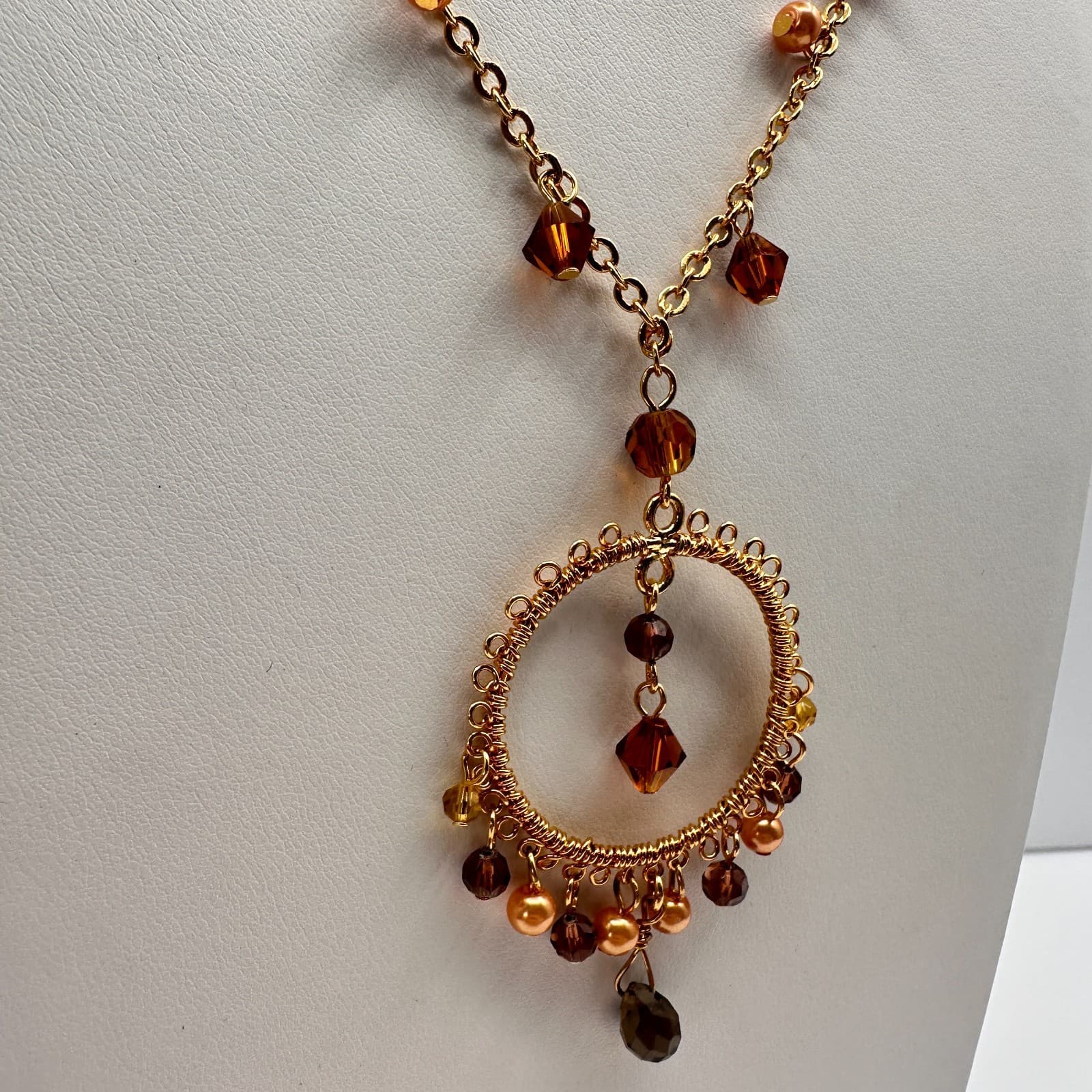 Vintage 90s Amber Glass Gold Tone Round Pendant Necklace Boho Women's Jewelry - Thumbnail 5