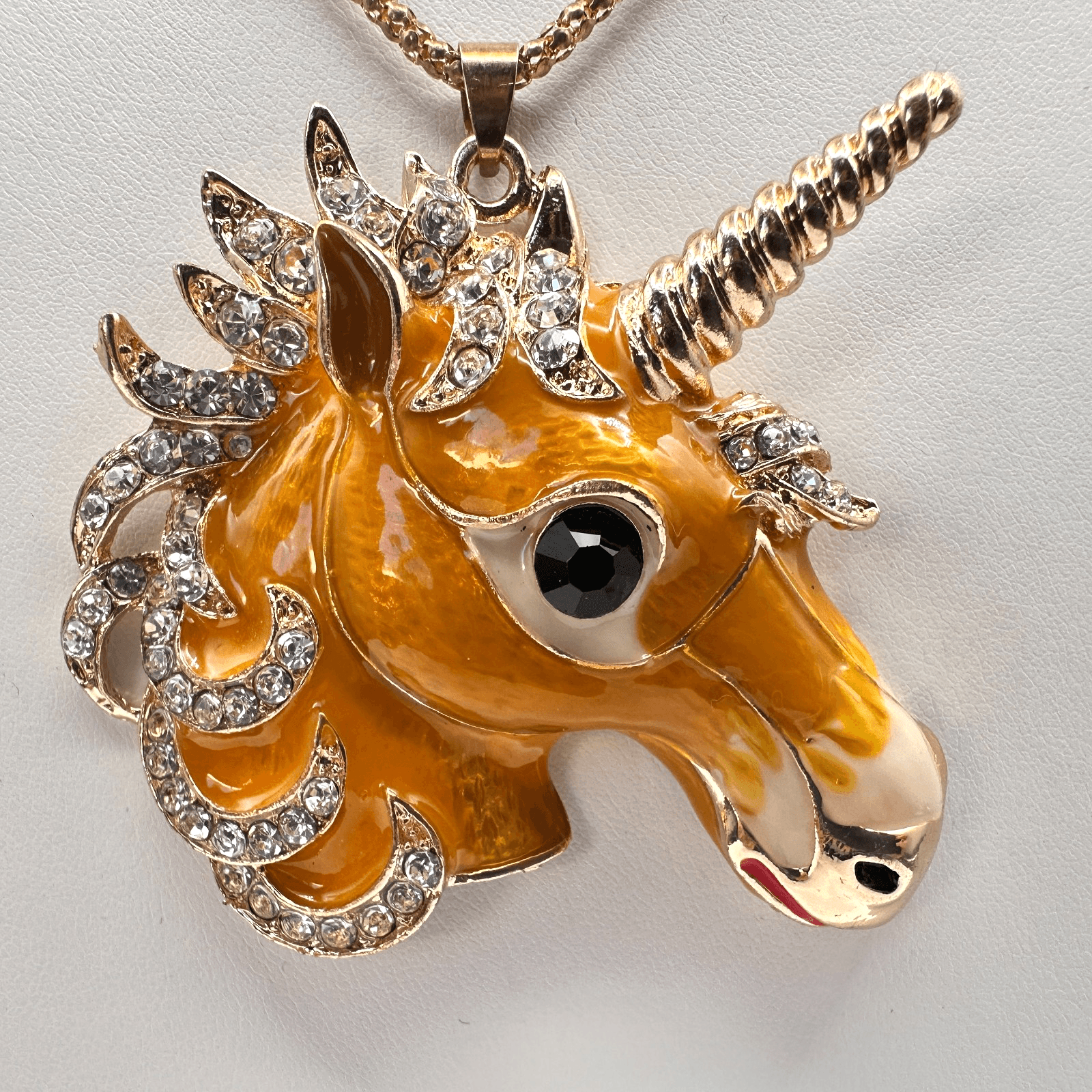 Vintage 90s Betsey Johnson Unicorn Pendant Necklace Gold Tone Rhinestone Jewelry - Image 1