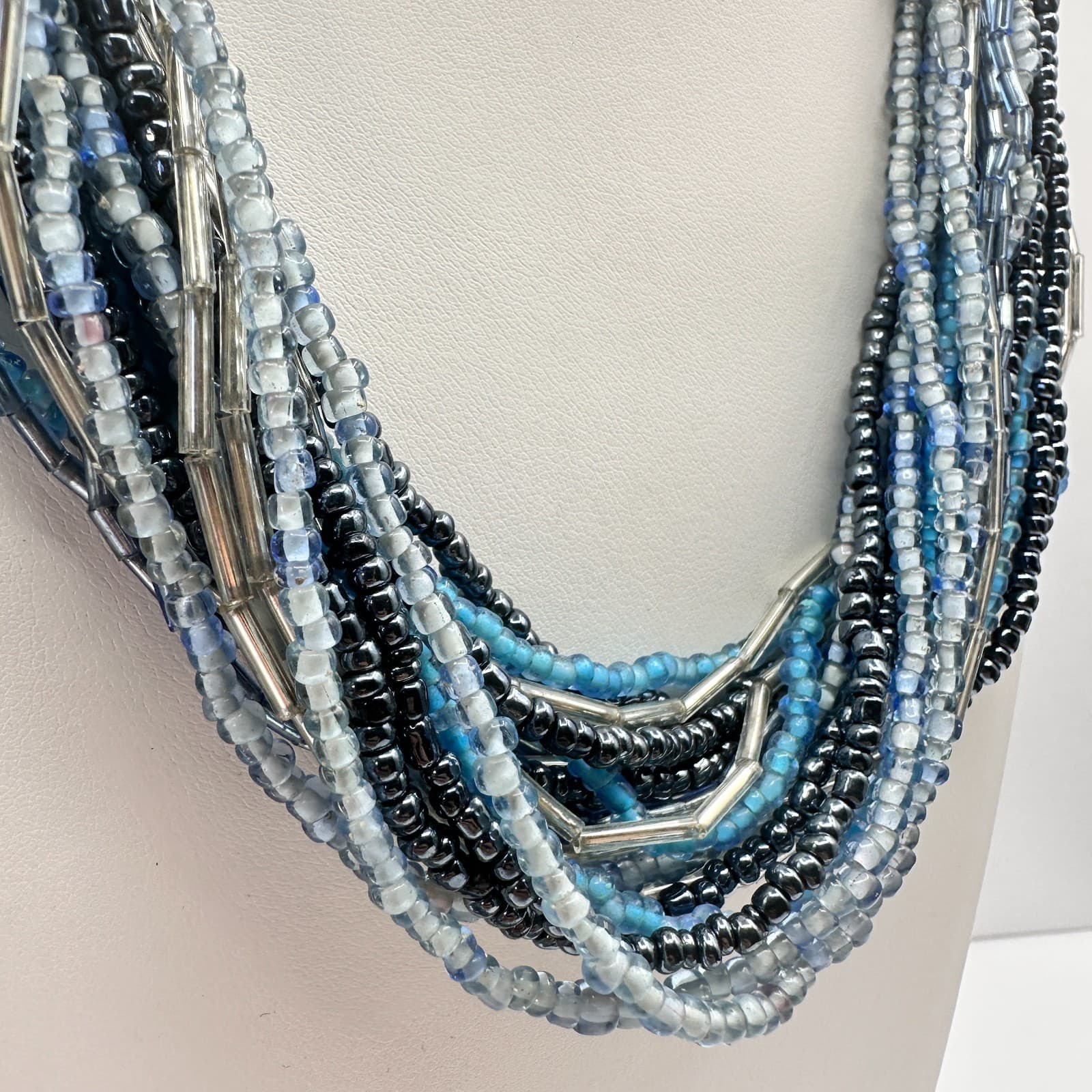 Vintage 90s Multi-Strand Seed Beaded Necklace Silver Tone Boho Women's Jewelry - Thumbnail 3