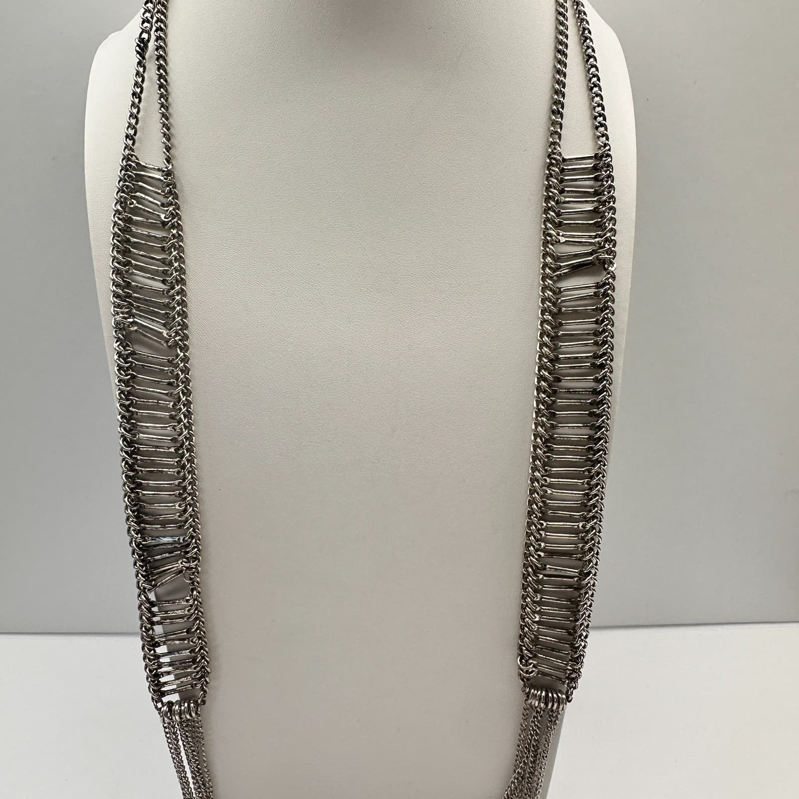 Vintage 90s Multi Strand Chain Silver Tone Necklace Statement Women's Jewelry - Thumbnail 5