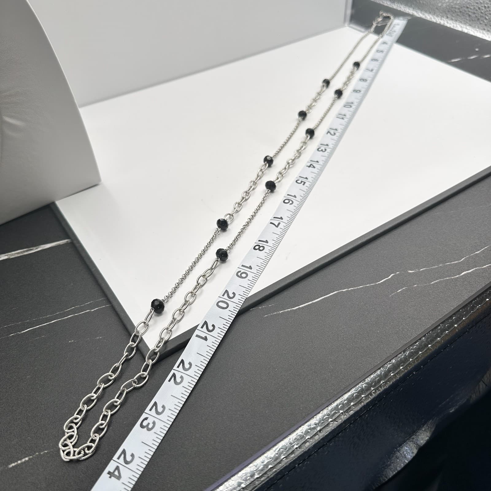 Vintage 90s Silver Tone Multi Strand Black Beaded Necklace Women's Jewelry - Thumbnail 9