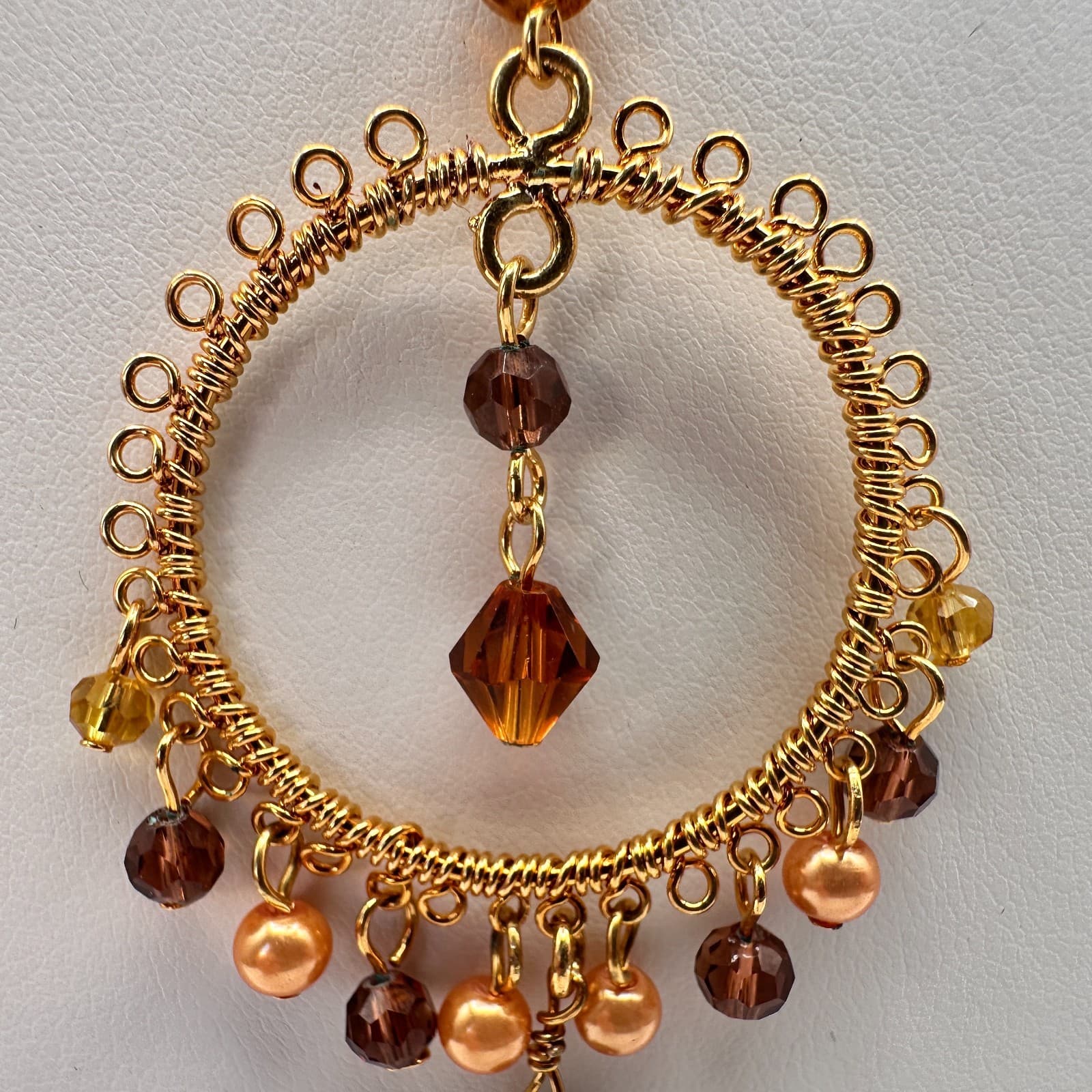 Vintage 90s Amber Glass Gold Tone Round Pendant Necklace Boho Women's Jewelry - Thumbnail 4