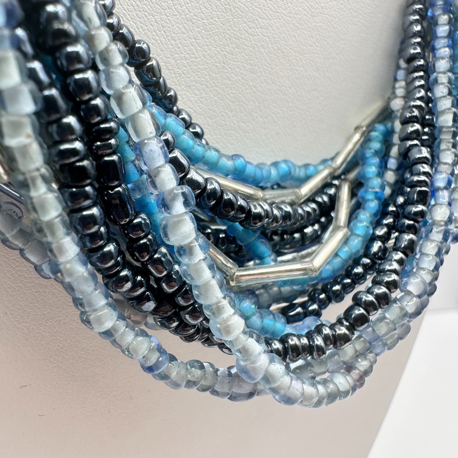 Vintage 90s Multi-Strand Seed Beaded Necklace Silver Tone Boho Women's Jewelry - Thumbnail 4