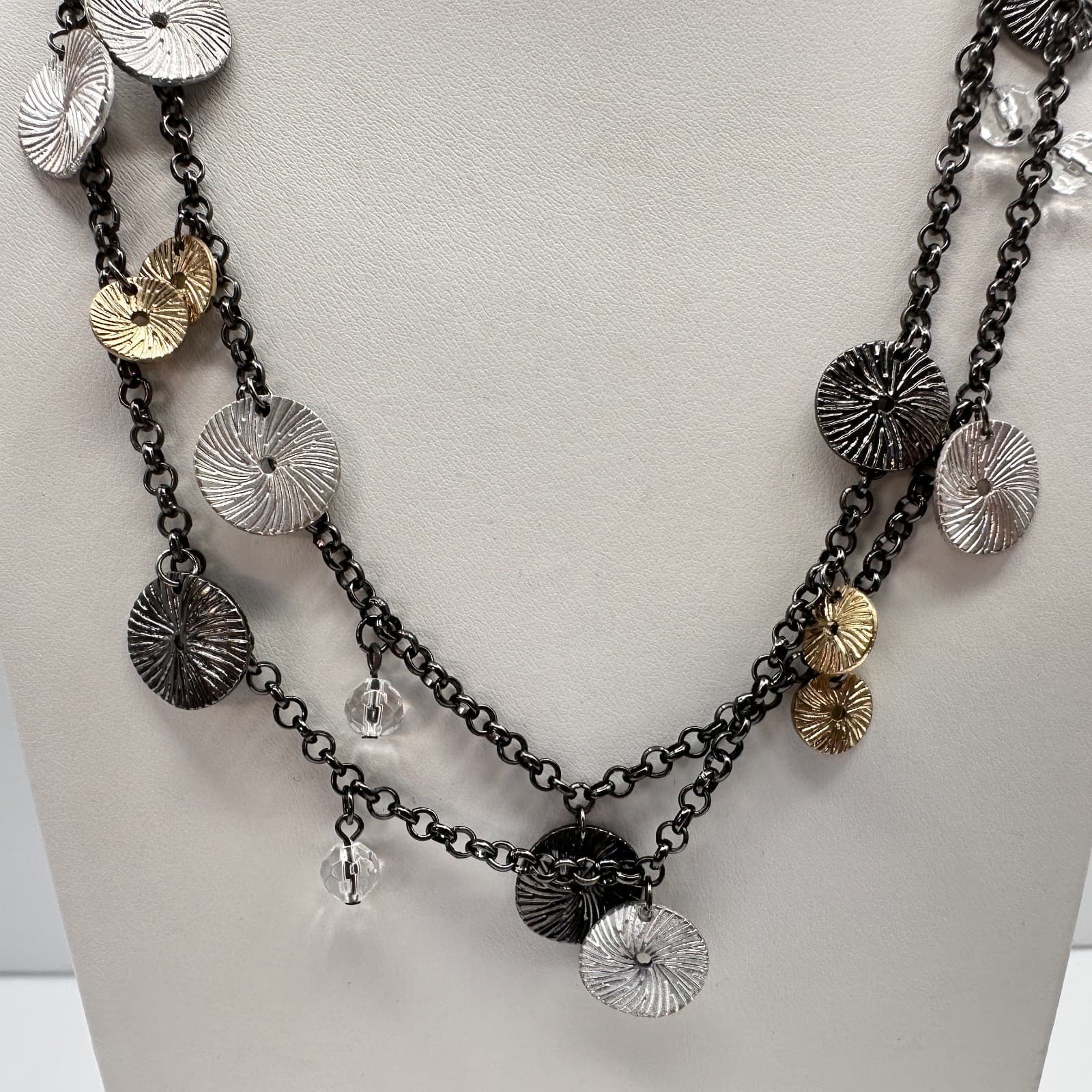 Vintage 90s Multi Strand Clear Beaded Glass Disc Necklace Boho Women's Jewelry - Thumbnail 7