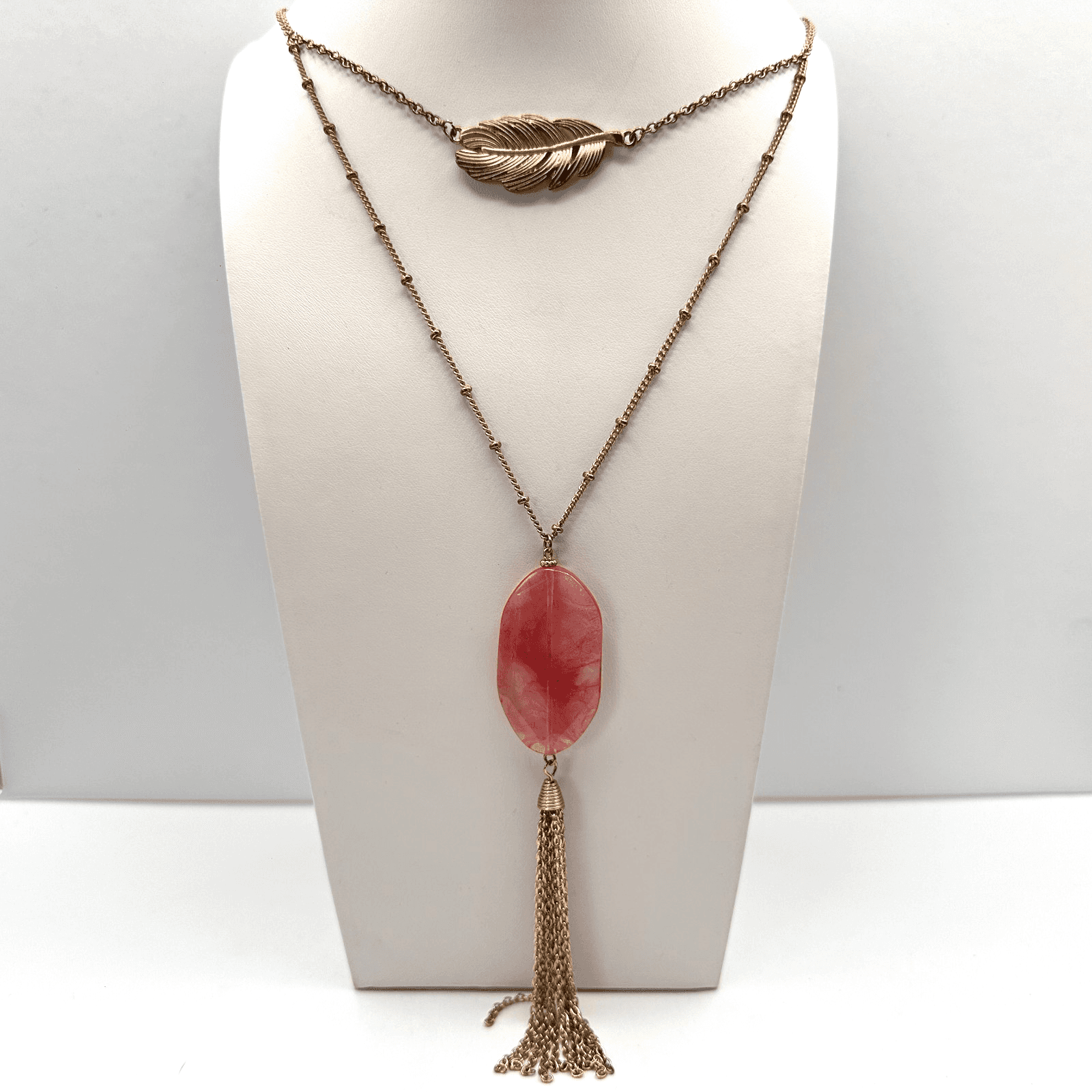 Vintage 90s Pink Stone Gold Tone Tassel Feather Necklace Women's Fashion Jewelry - Image 1