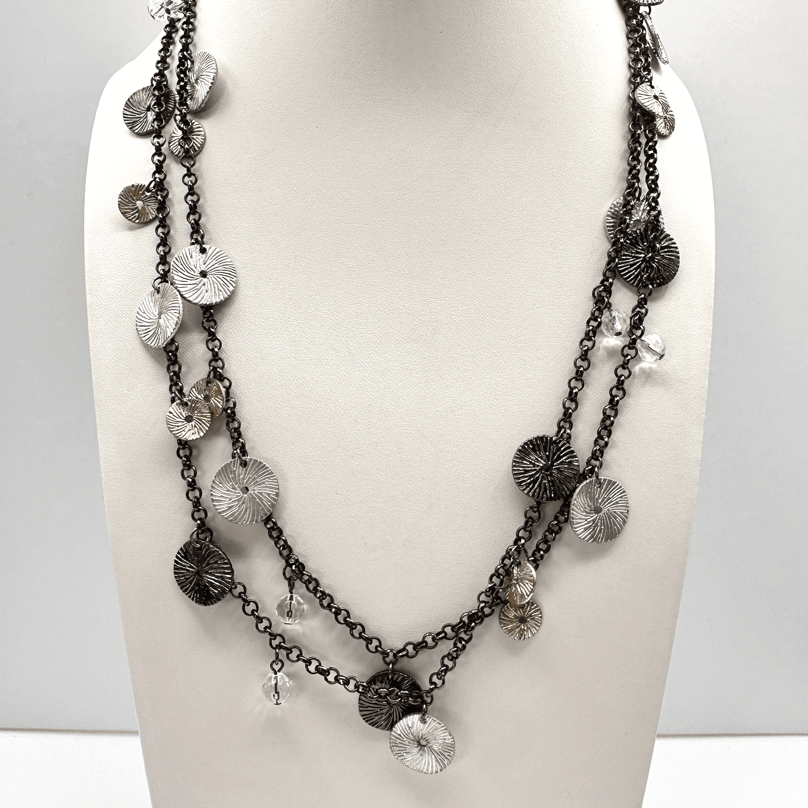 Vintage 90s Multi Strand Clear Beaded Glass Disc Necklace Boho Women's Jewelry - Image 1