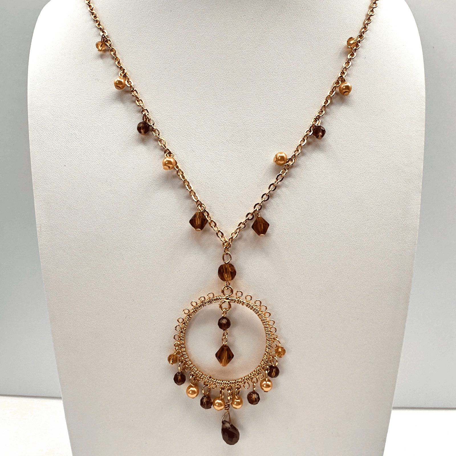 Vintage 90s Amber Glass Gold Tone Round Pendant Necklace Boho Women's Jewelry - Thumbnail 2