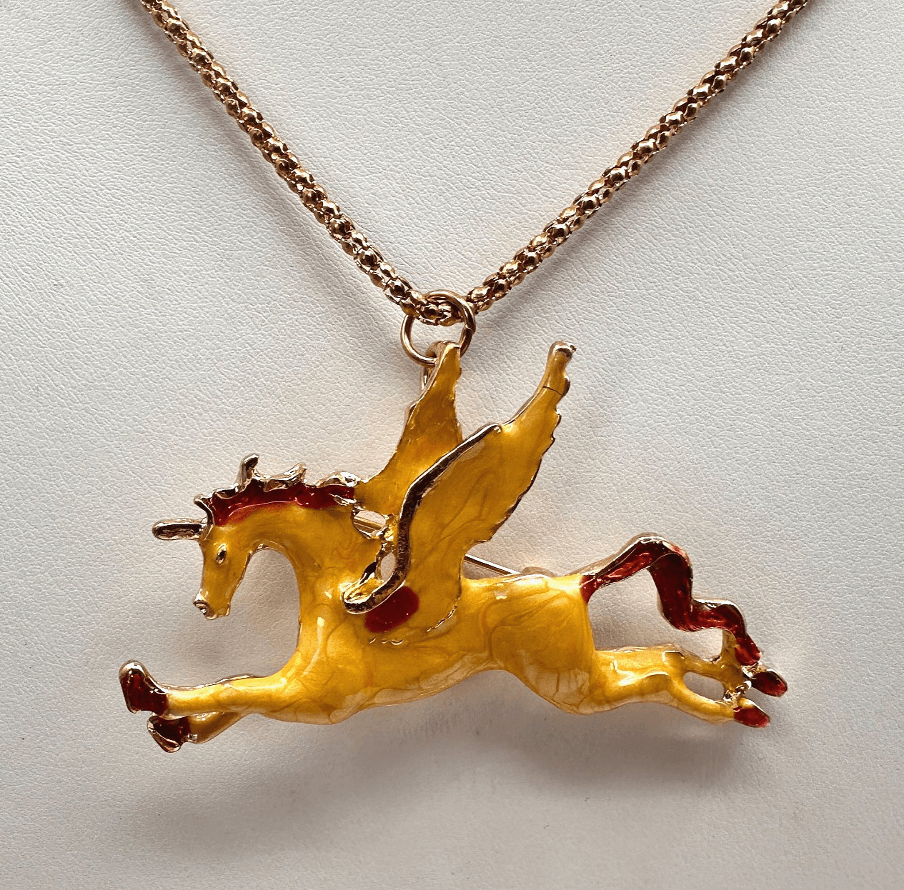 Vintage 80s Unicorn Pegasus Brooch-Pendant Necklace Yellow Red Enamel Jewelry - Image 1