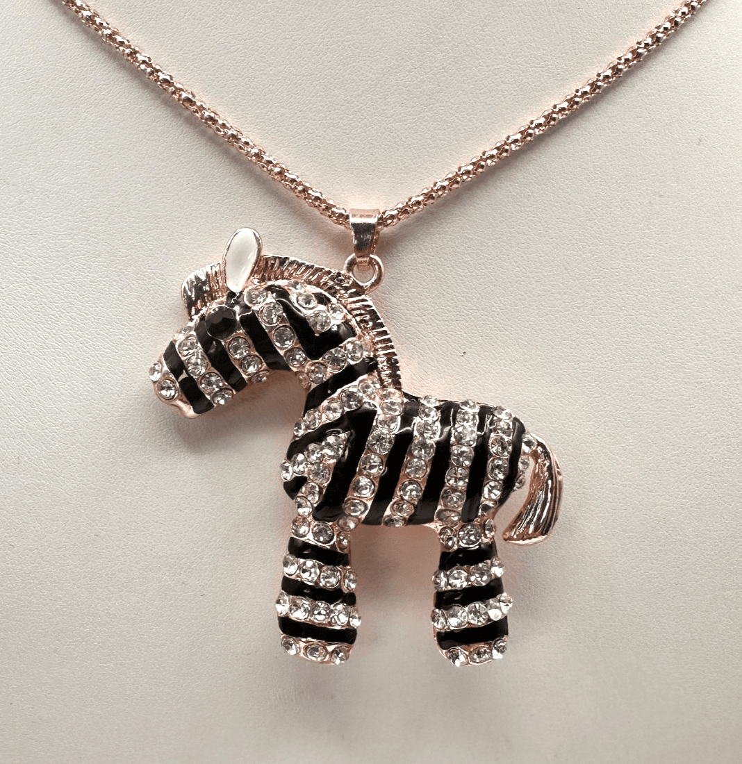 Vintage 90s Betsey Johnson Zebra Pendant Necklace Rose Gold Tone Fashion Jewelry - Image 1