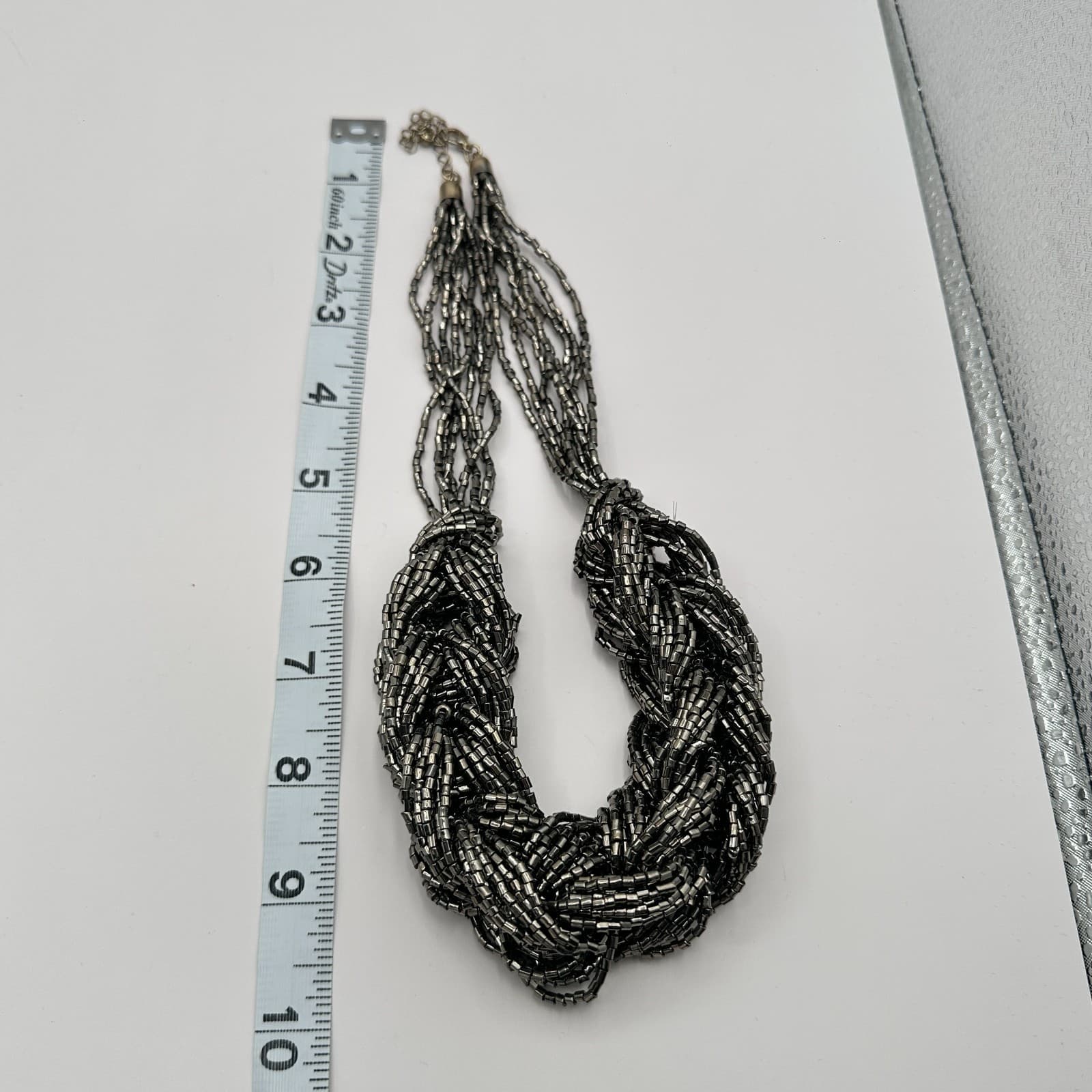 Vintage 90s Silver Tone Multi Strand Seed Beaded Braided Bib Necklace Jewelry - Thumbnail 8