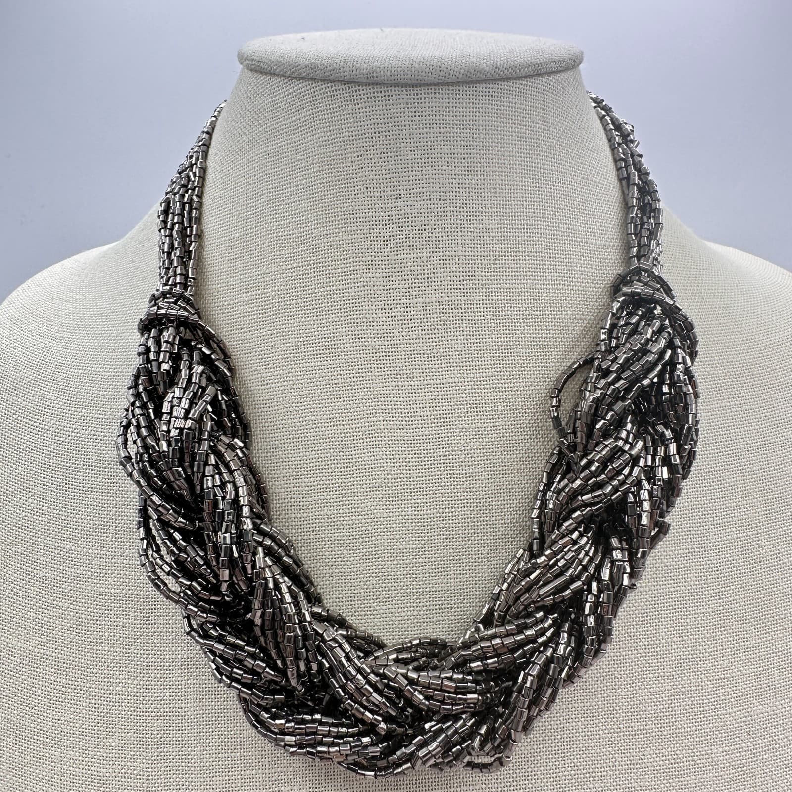 Vintage 90s Silver Tone Multi Strand Seed Beaded Braided Bib Necklace Jewelry - Image 1