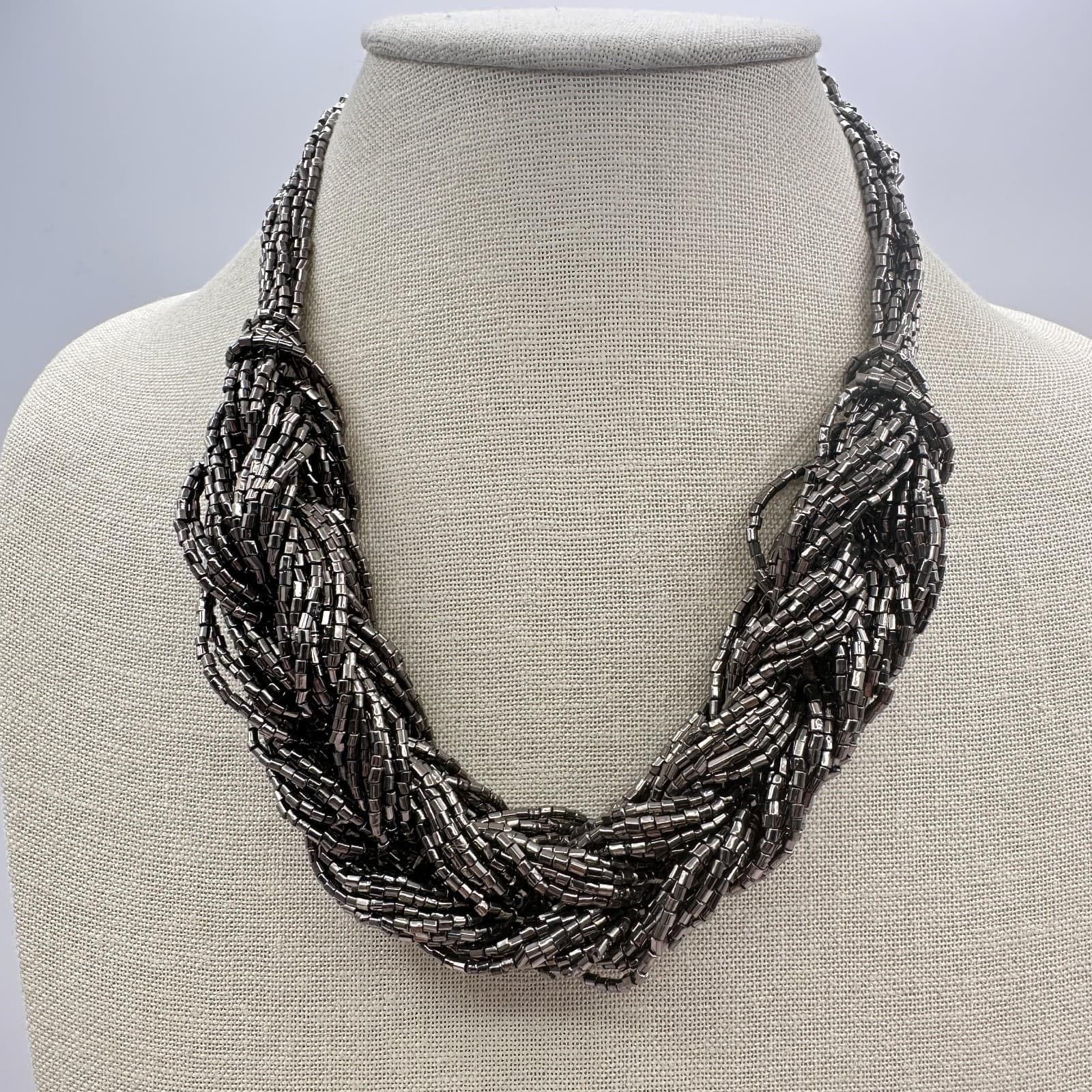 Vintage 90s Silver Tone Multi Strand Seed Beaded Braided Bib Necklace Jewelry - Thumbnail 7