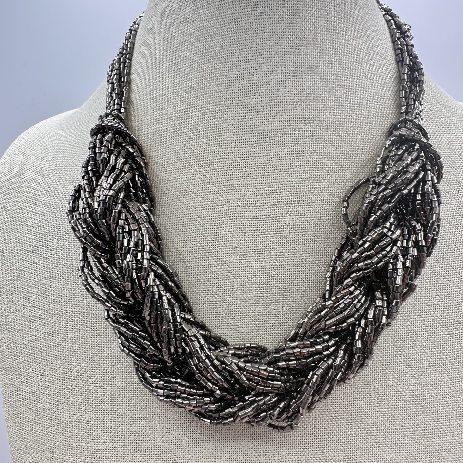 Vintage 90s Silver Tone Multi Strand Seed Beaded Braided Bib Necklace Jewelry - Thumbnail 6