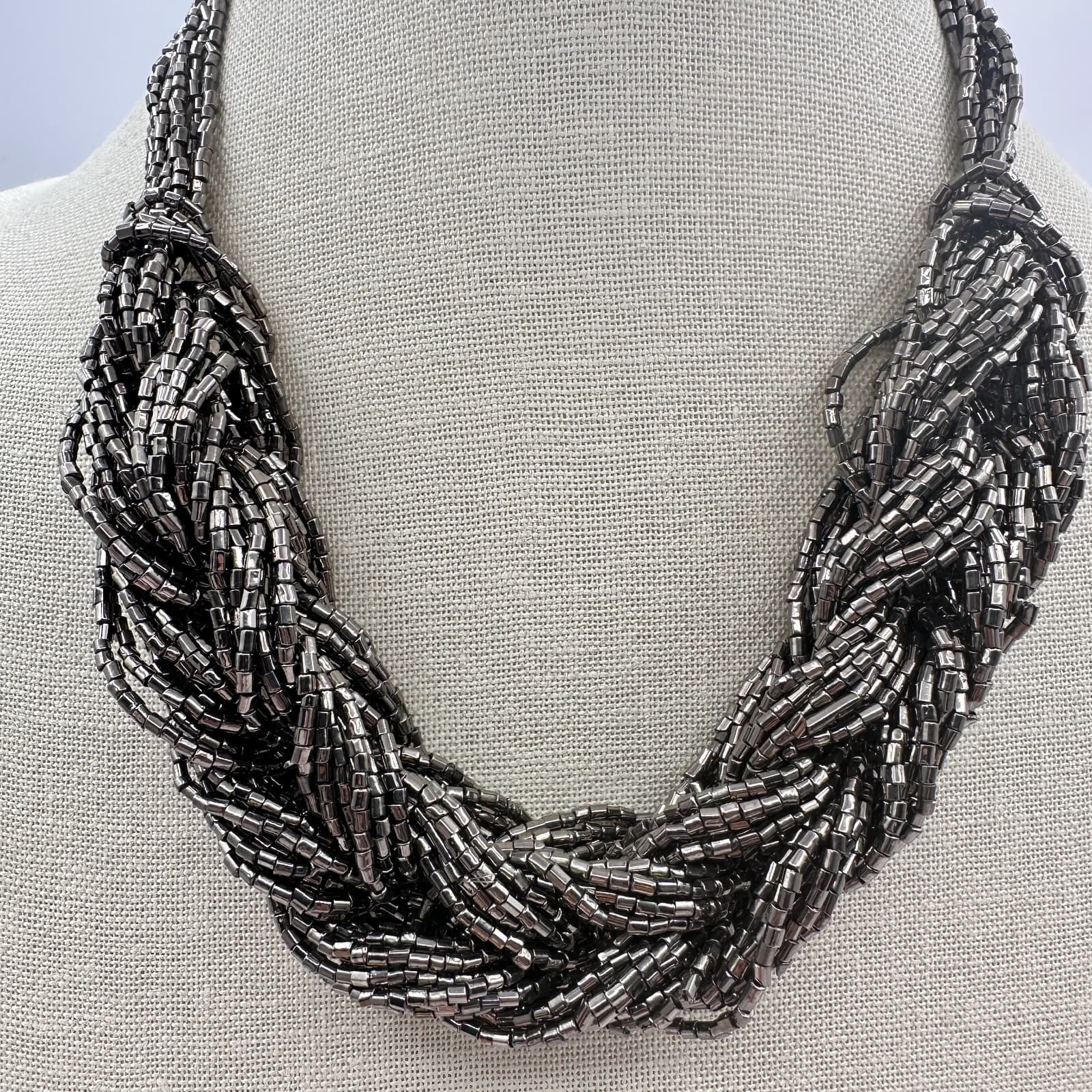 Vintage 90s Silver Tone Multi Strand Seed Beaded Braided Bib Necklace Jewelry - Thumbnail 2