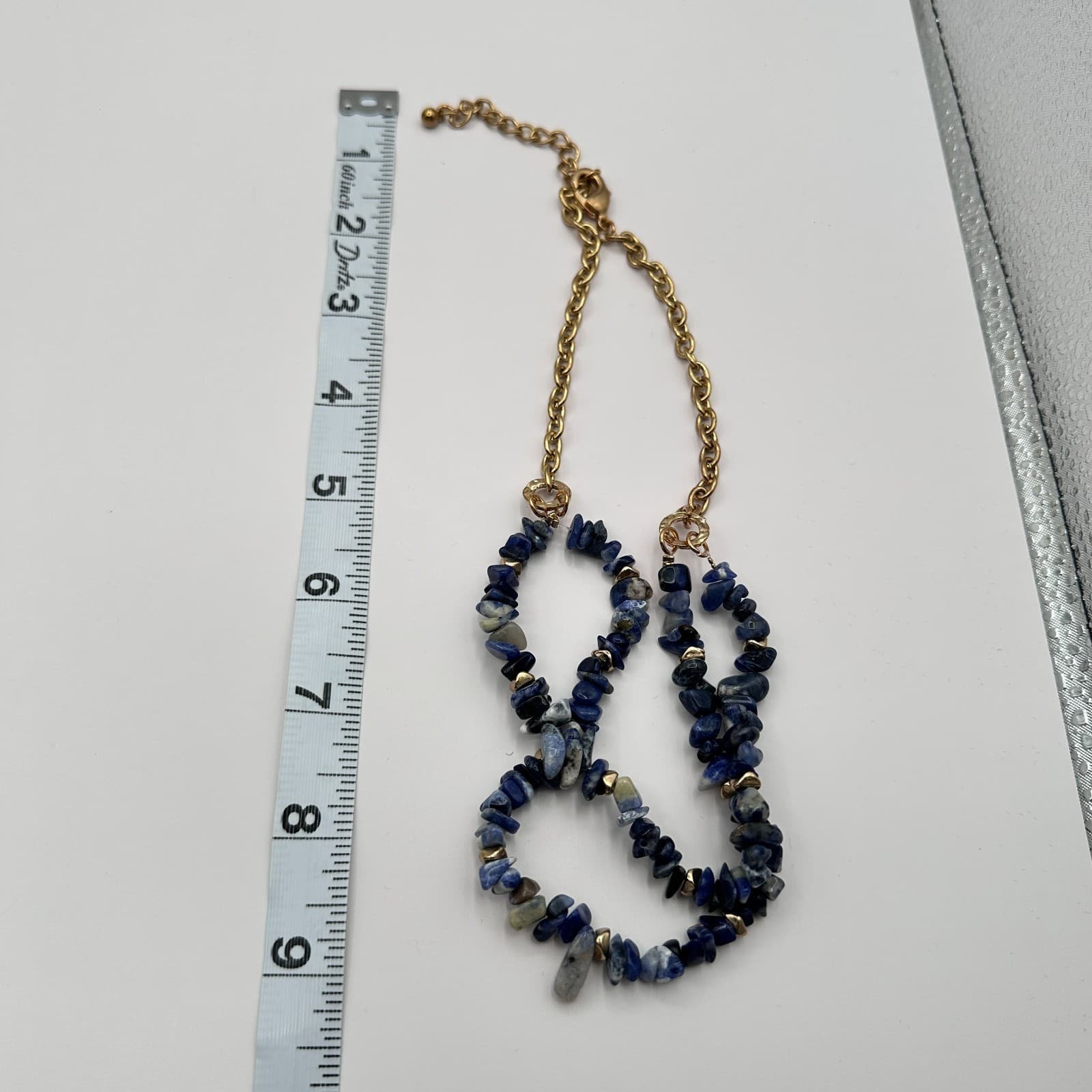 Vintage Y2K Gold Tone Double Strand Blue Sodalite Chip Chunky Necklace Jewelry - Thumbnail 9