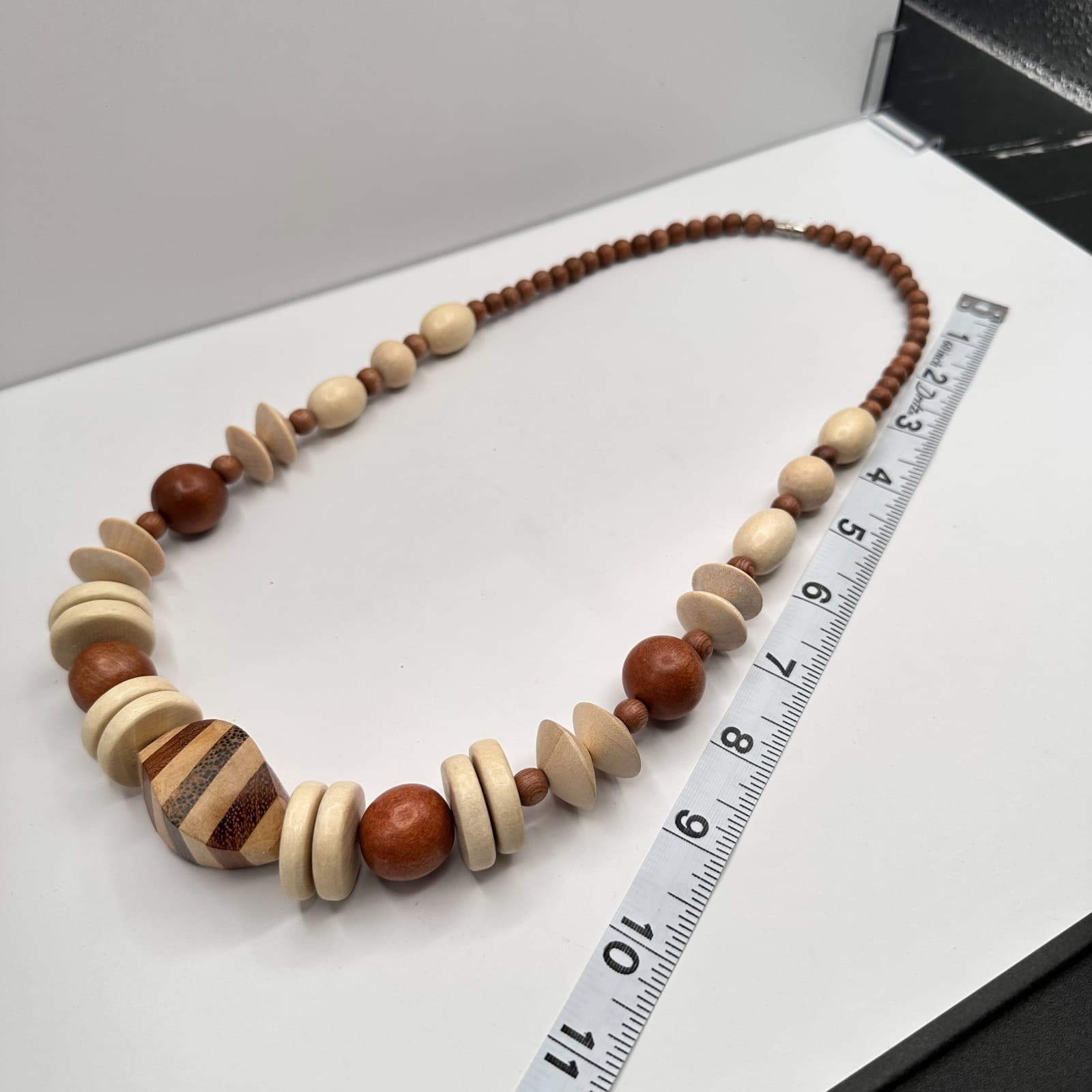 Vintage 90s Wooden Statement Necklace Multi-Shape Brown Cream Beads Boho - Thumbnail 9