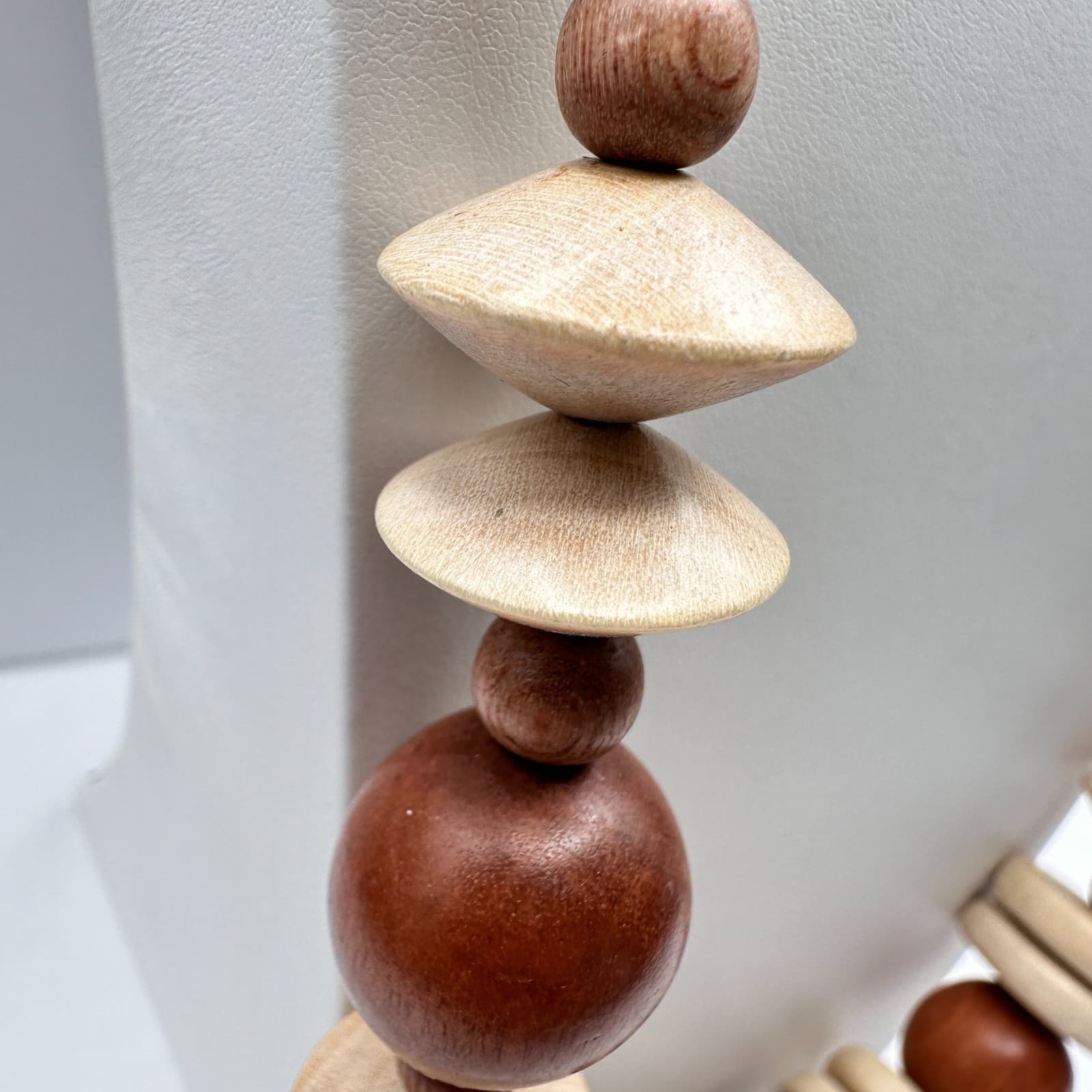 Vintage 90s Wooden Statement Necklace Multi-Shape Brown Cream Beads Boho - Thumbnail 4