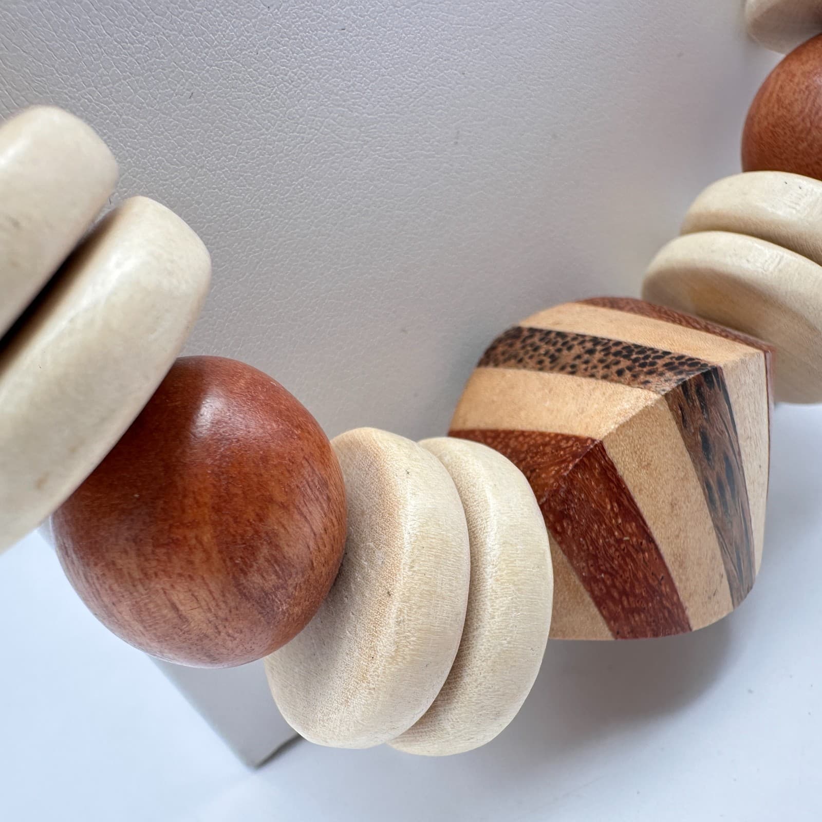 Vintage 90s Wooden Statement Necklace Multi-Shape Brown Cream Beads Boho - Thumbnail 6