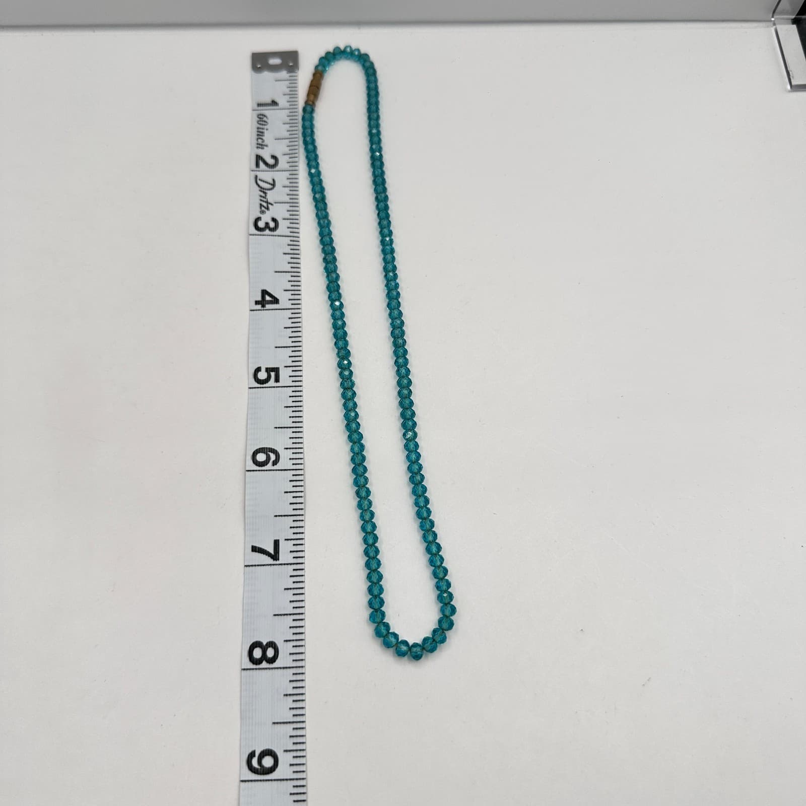 Vintage 90s Teal Blue Glass Bead Necklace Gold Tone Barrel Clasp Fashion Jewelry - Thumbnail 8