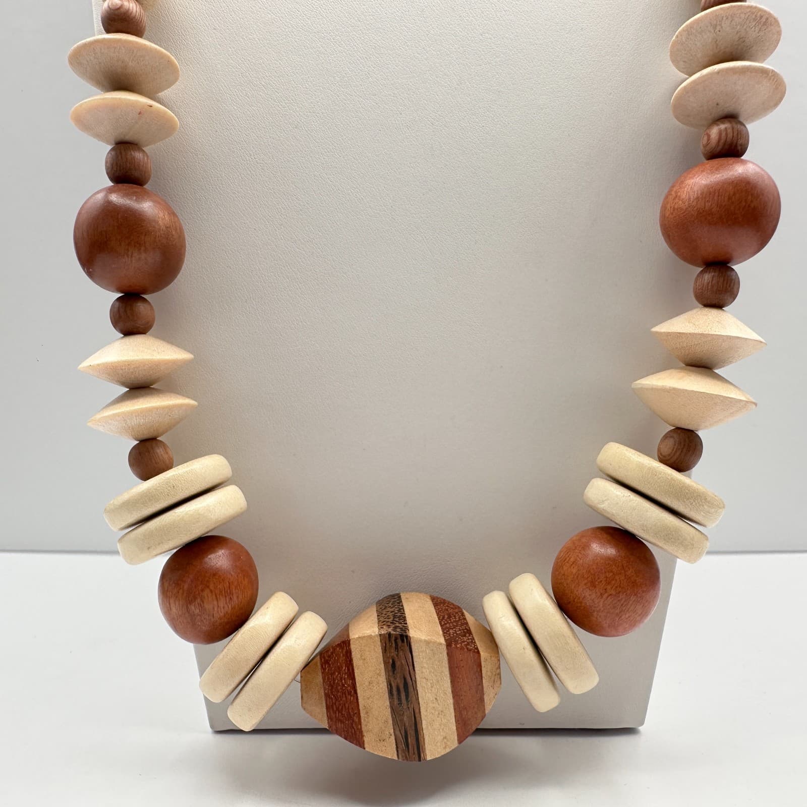 Vintage 90s Wooden Statement Necklace Multi-Shape Brown Cream Beads Boho - Thumbnail 2