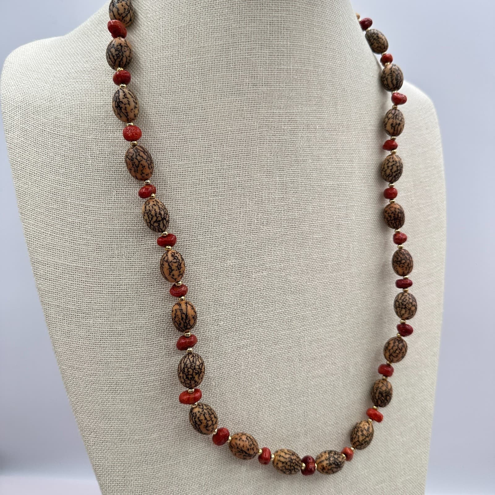 Vintage 90s Gold Tone Jasper & Wooden Beaded Necklace Women's Classic Jewelry - Thumbnail 6