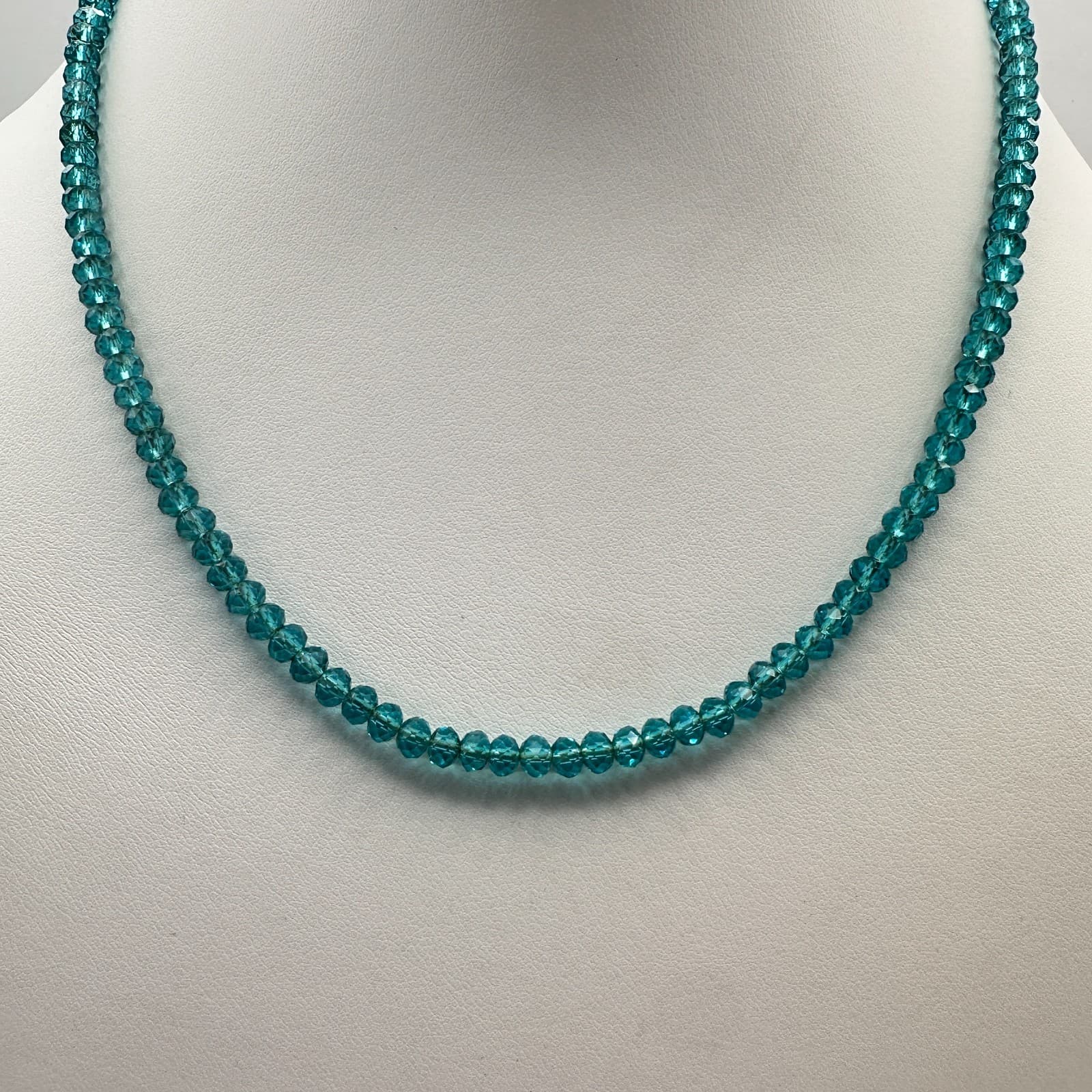 Vintage 90s Teal Blue Glass Bead Necklace Gold Tone Barrel Clasp Fashion Jewelry - Thumbnail 3