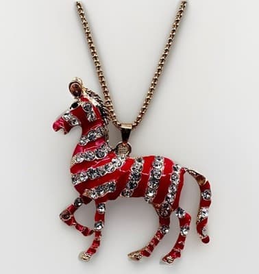 Vintage Betsy Johnson 90s Red Rhinestone Zebra Pendant Necklace Gold Jewelry - Image 1
