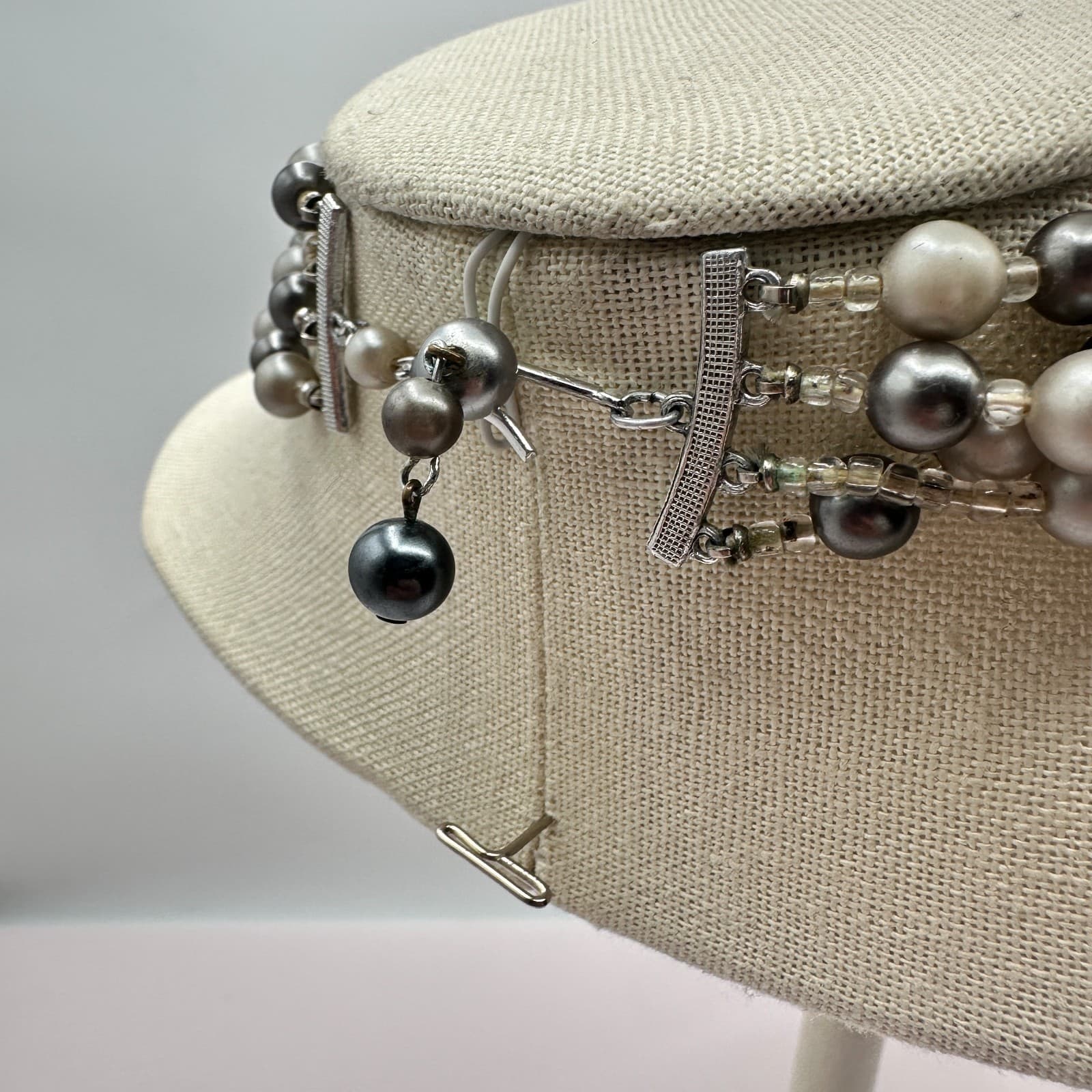 Vintage 80s Multi-Strand Faux Pearl Clear Beaded Necklace Silver Tone Jewelry - Thumbnail 9