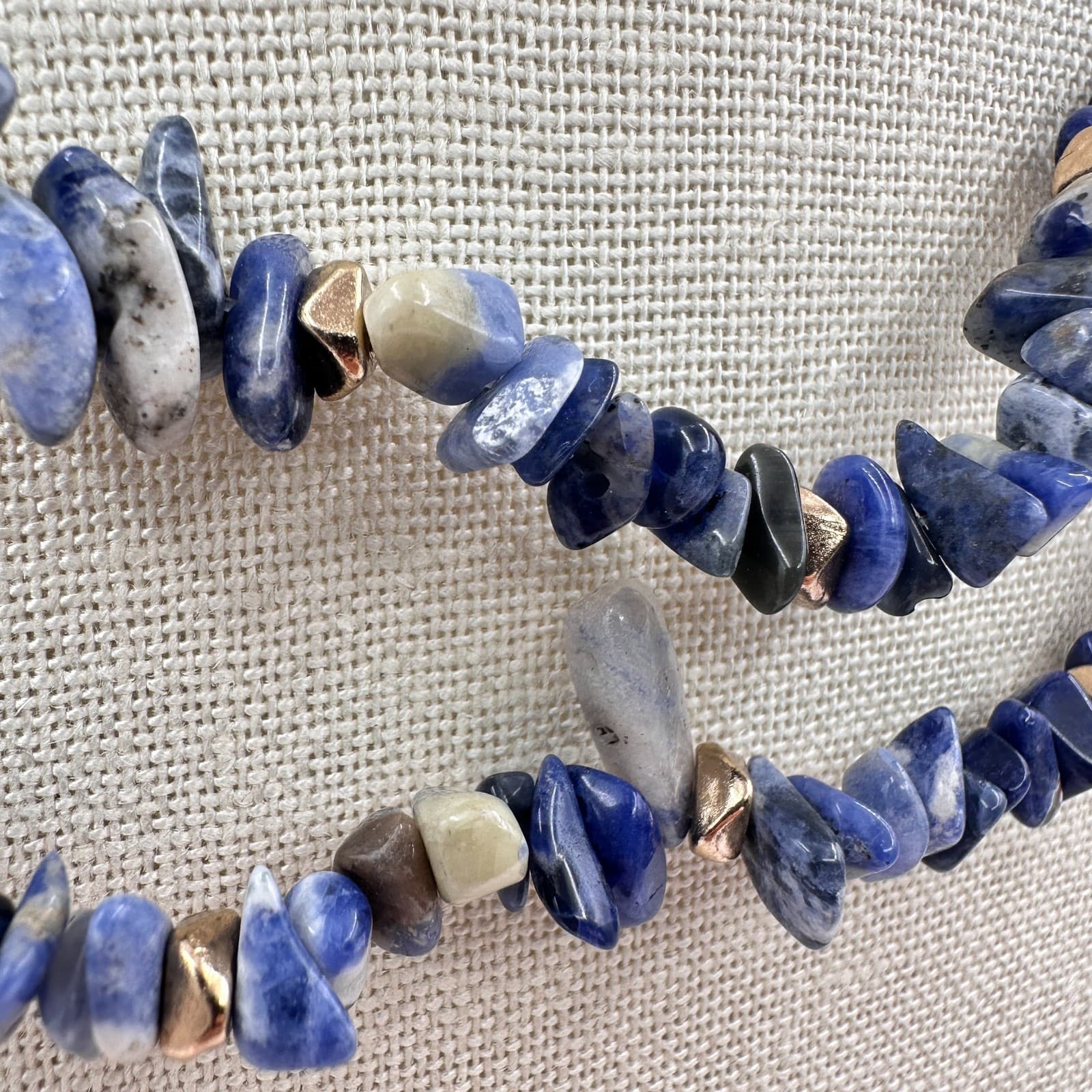 Vintage Y2K Gold Tone Double Strand Blue Sodalite Chip Chunky Necklace Jewelry - Thumbnail 5