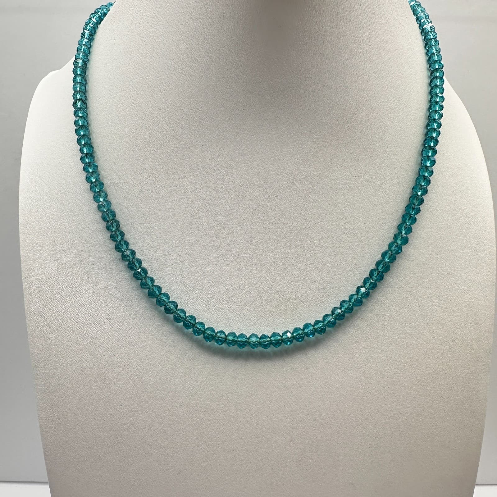 Vintage 90s Teal Blue Glass Bead Necklace Gold Tone Barrel Clasp Fashion Jewelry - Image 1