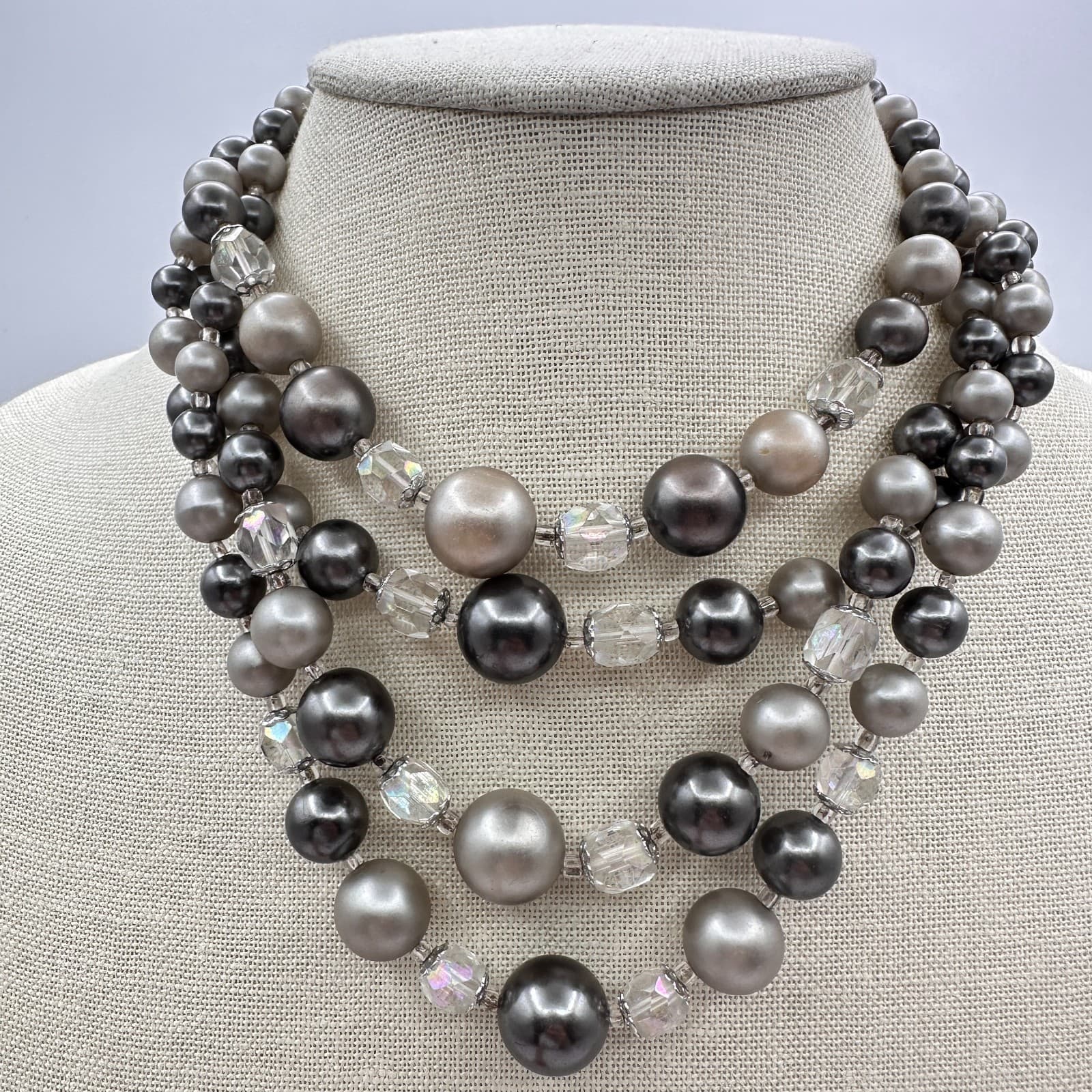 Vintage 80s Multi-Strand Faux Pearl Clear Beaded Necklace Silver Tone Jewelry - Thumbnail 8